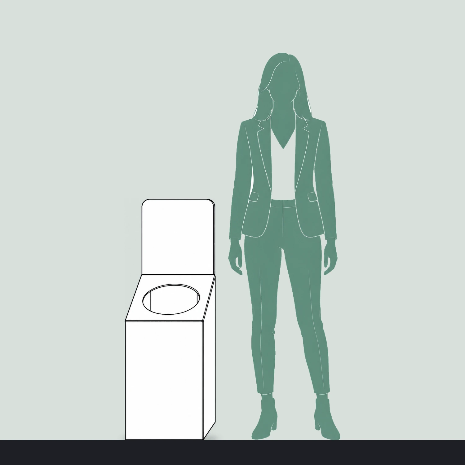 1.06m Cardboard Angled Top Bin with Header shown to scale next to a 1.7m tall person