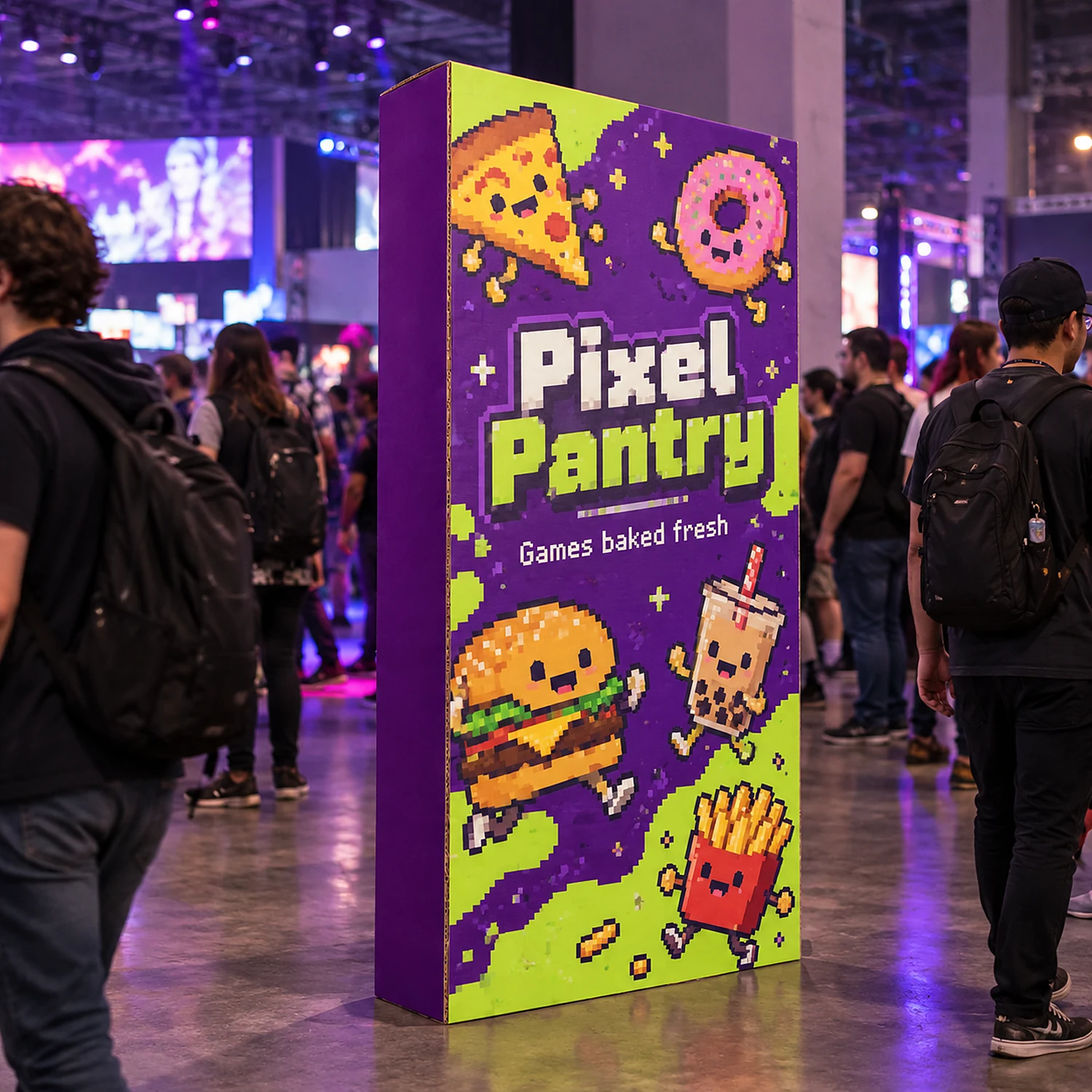 1.18m Cardboard Display Wall with an example design, in use at a gaming convention hall with dimmed coloured ambient lighting and crowds in casual clothes