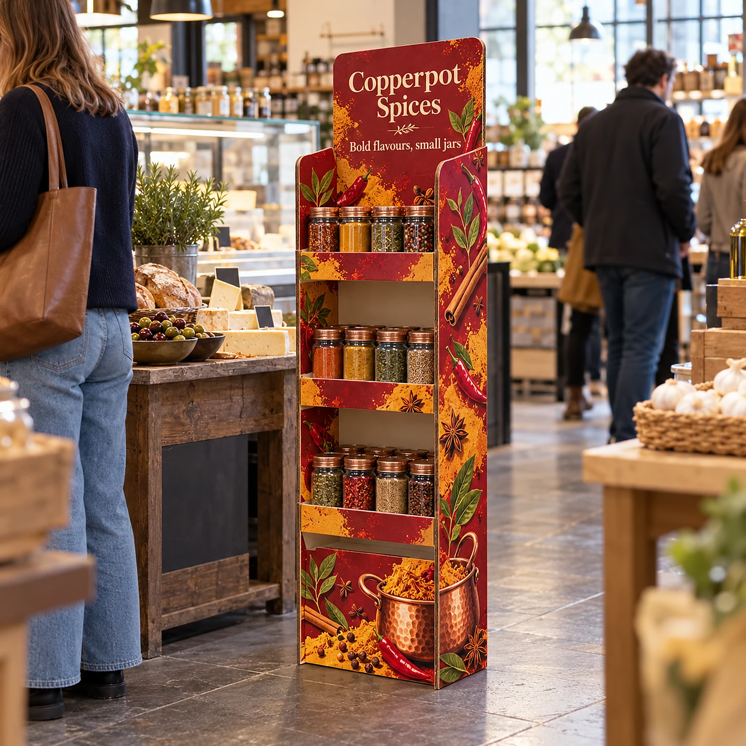 1.32m Cardboard Product Display Unit with an example design, in use at a delicatessen and food hall interior