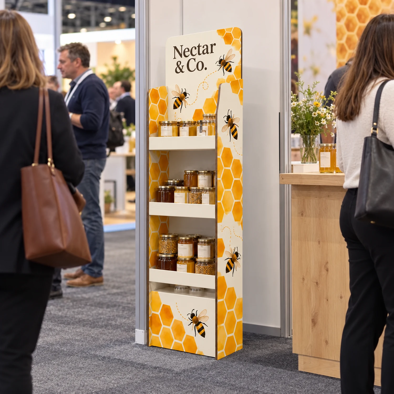 1.32m Cardboard Product Display Unit in use at a trade show, shown with an example design