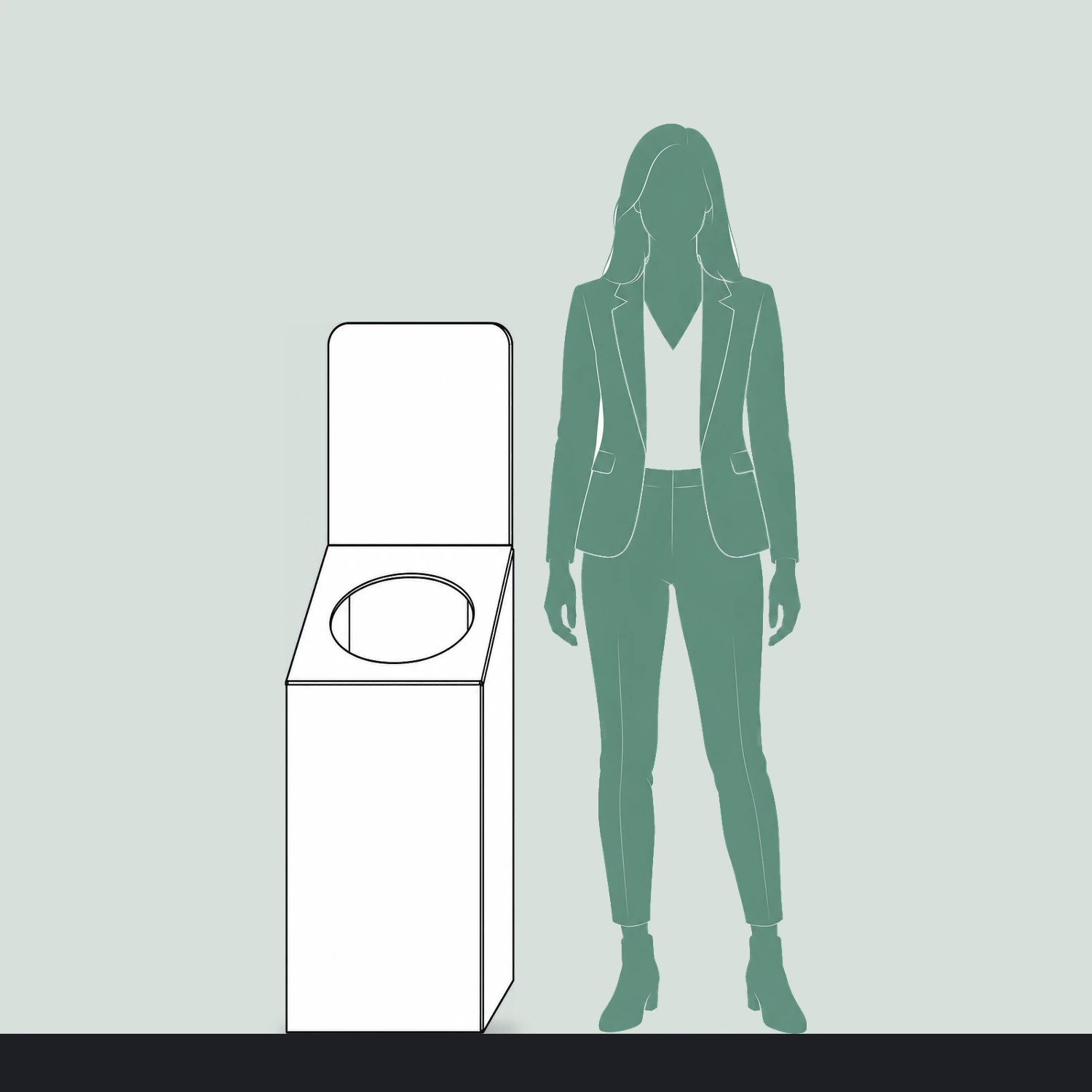 1.33m Cardboard Angled Top Bin with Header shown to scale next to a 1.7m tall person