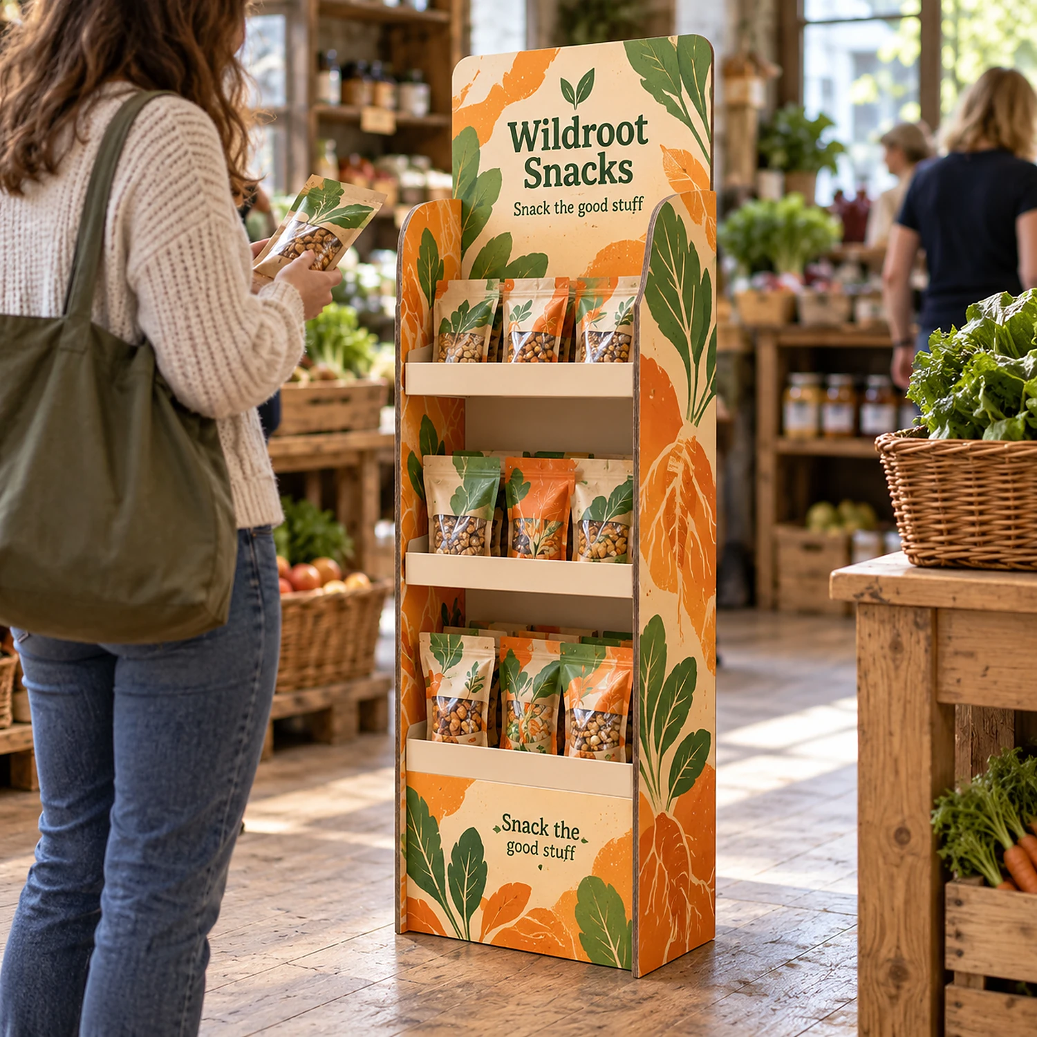 1.34m Cardboard Product Display Unit with an example design, in use at a farm shop interior with wooden floor and shelves