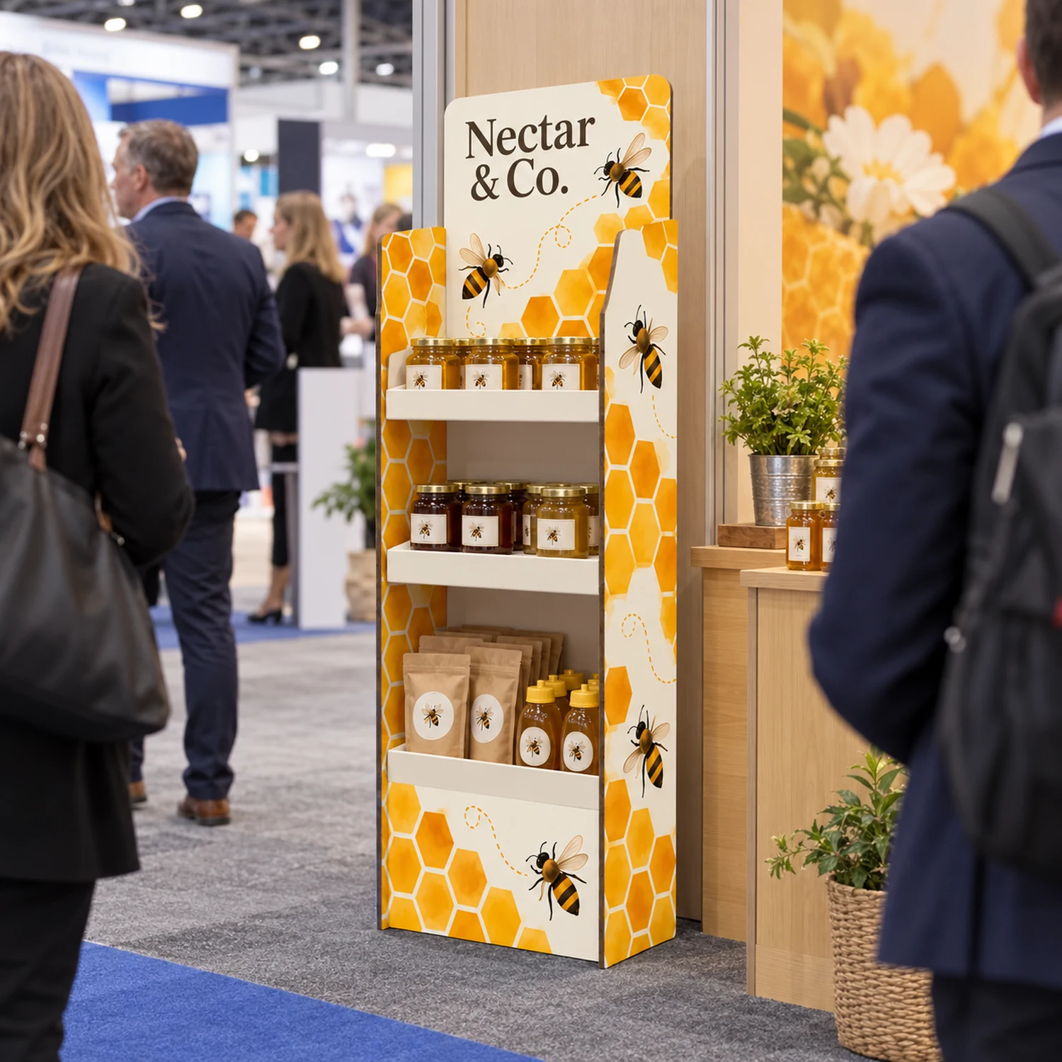 1.34m Cardboard Product Display Unit in use at a trade show, shown with an example design