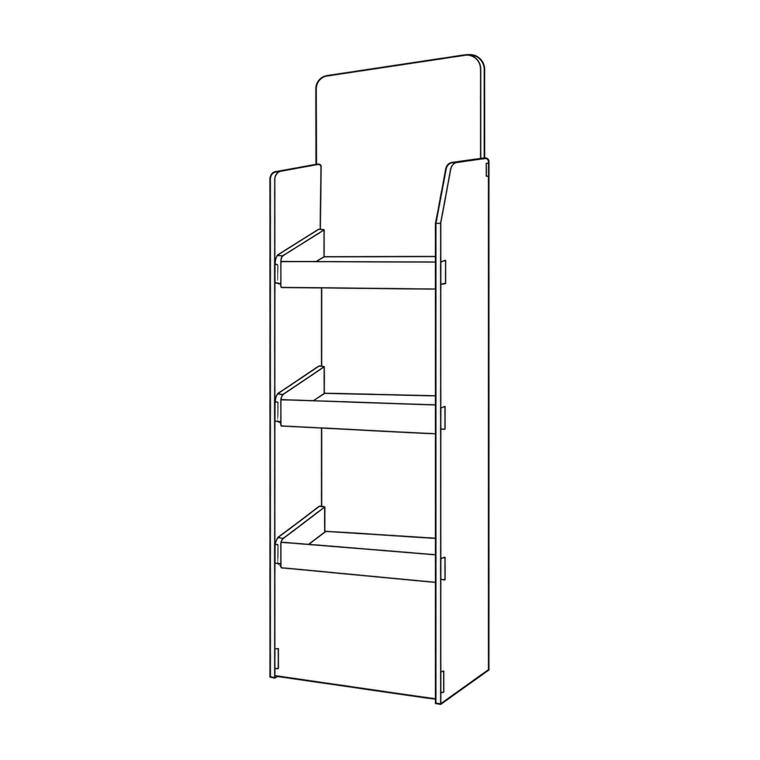 Line drawing of the 1.34m Cardboard Product Display Unit showing its panels and construction