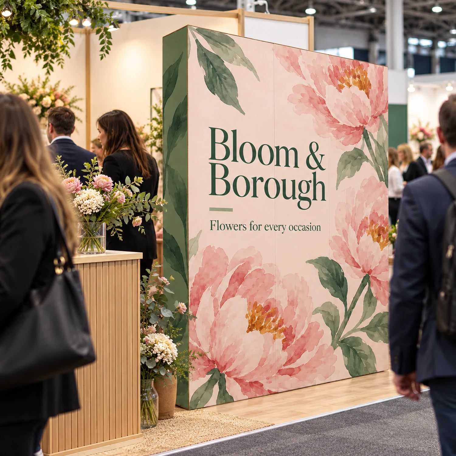 1.68m Cardboard Display Wall in use at a trade show, shown with an example design