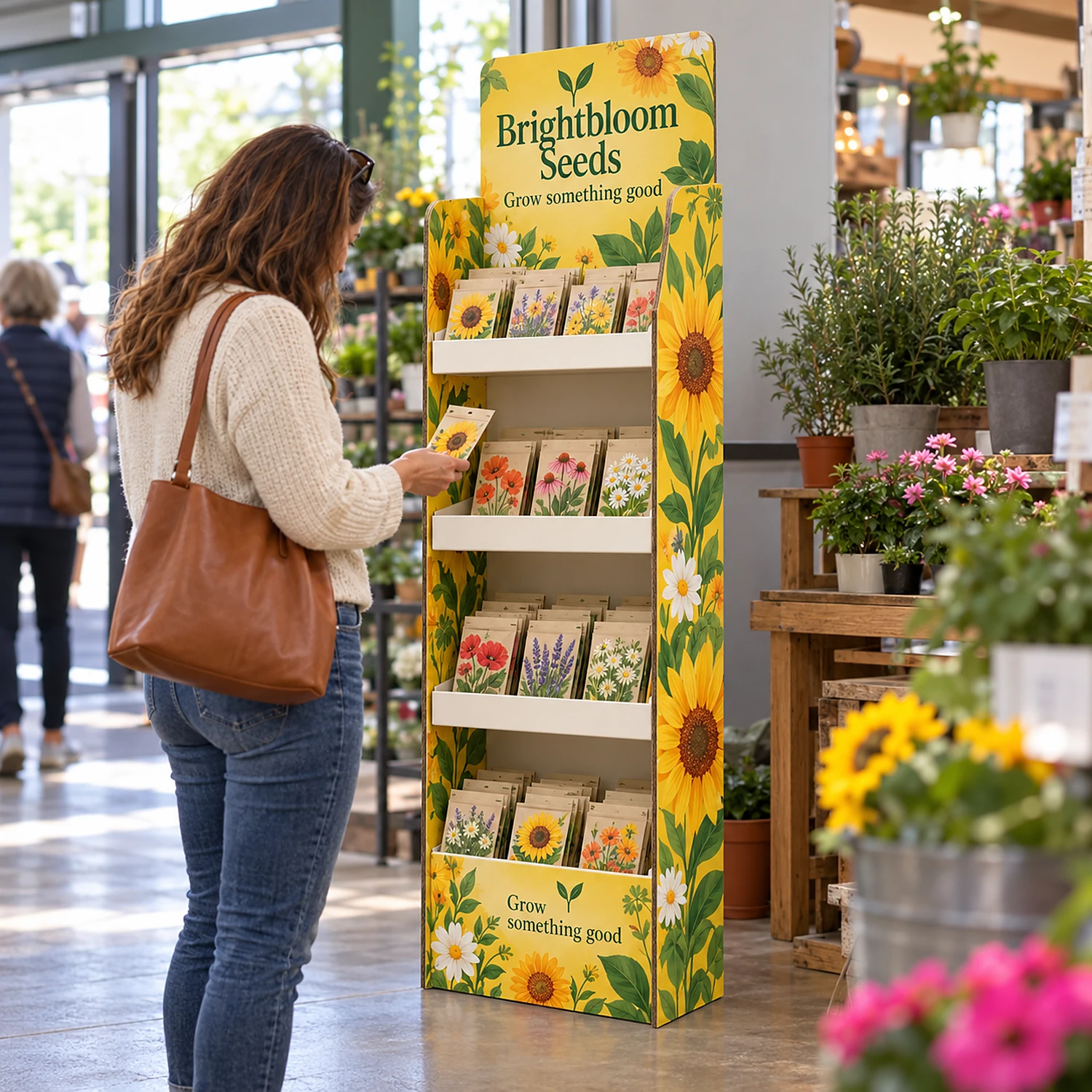 1.7m Cardboard Product Display Unit with an example design, in use at a garden centre interior near the entrance