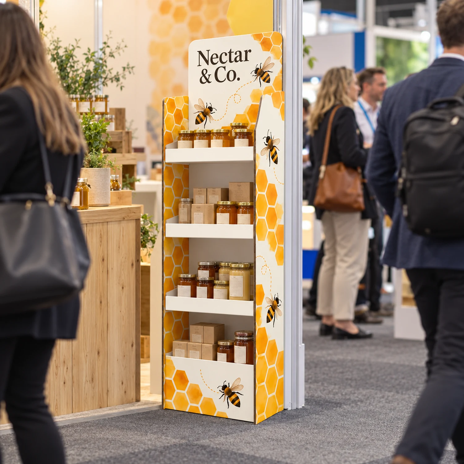 1.7m Cardboard Product Display Unit in use at a trade show, shown with an example design