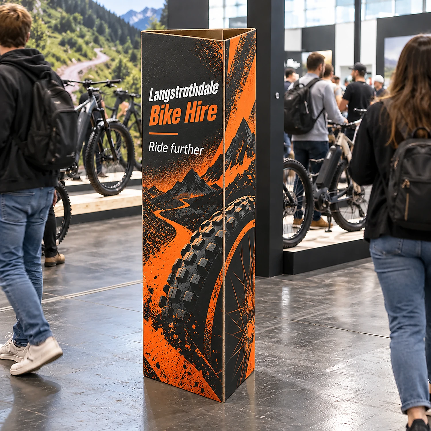 1.8m Cardboard Triangle Totem, shown with example artwork