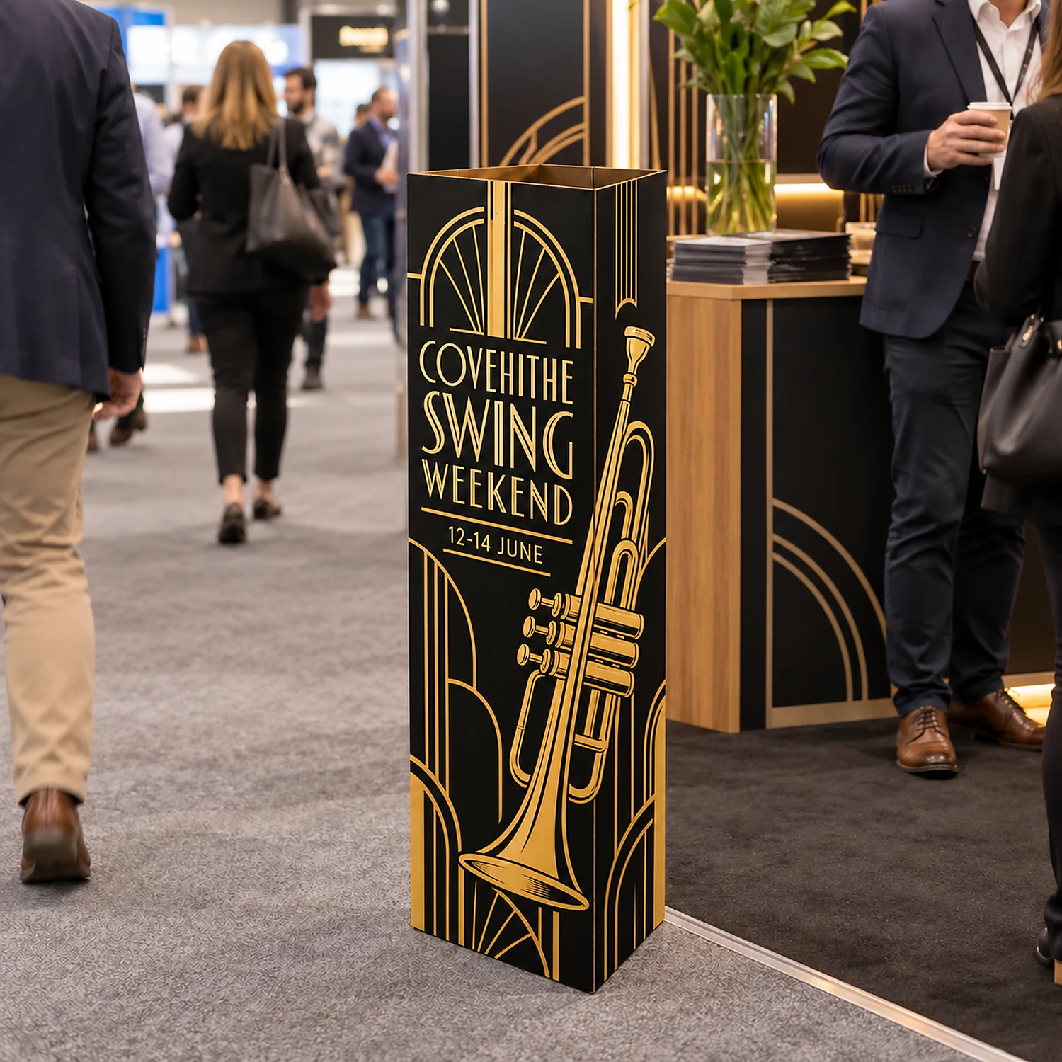 1.8m Cardboard Triangle Totem, shown with example artwork