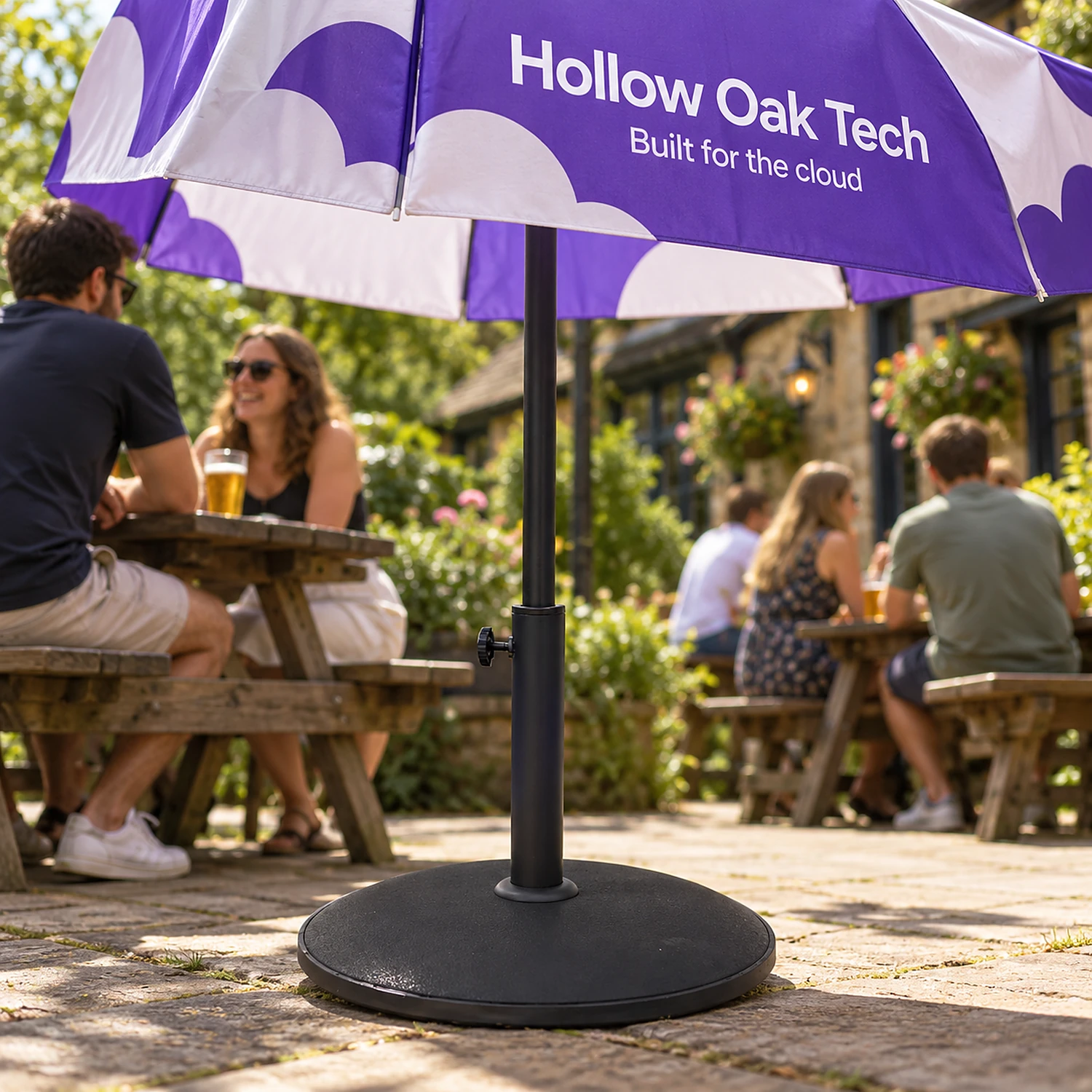 15kg parasol base holding a parasol in a beer garden