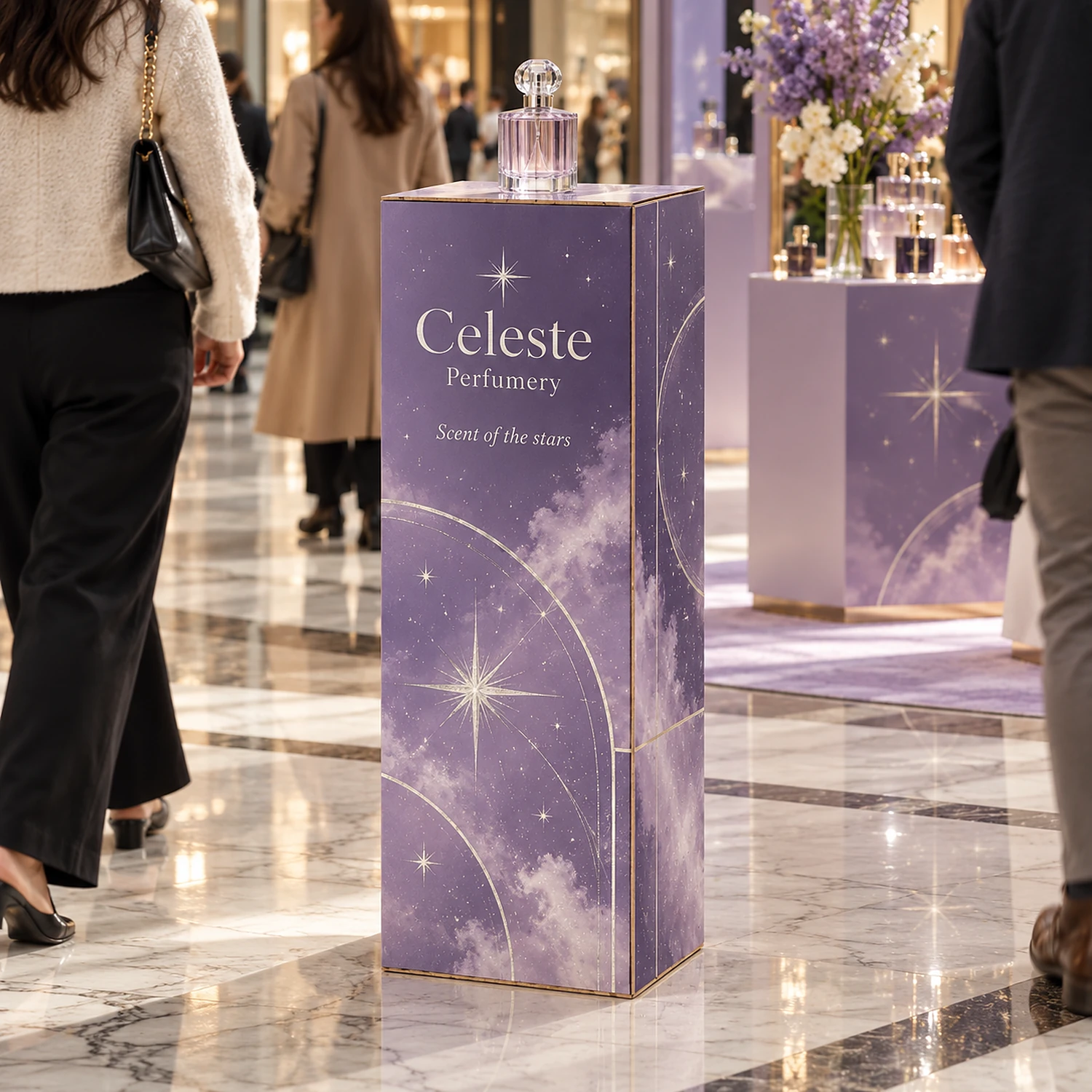 1m Cardboard Display Plinth with an example design, in use at a luxury shopping centre pop-up with marble floor