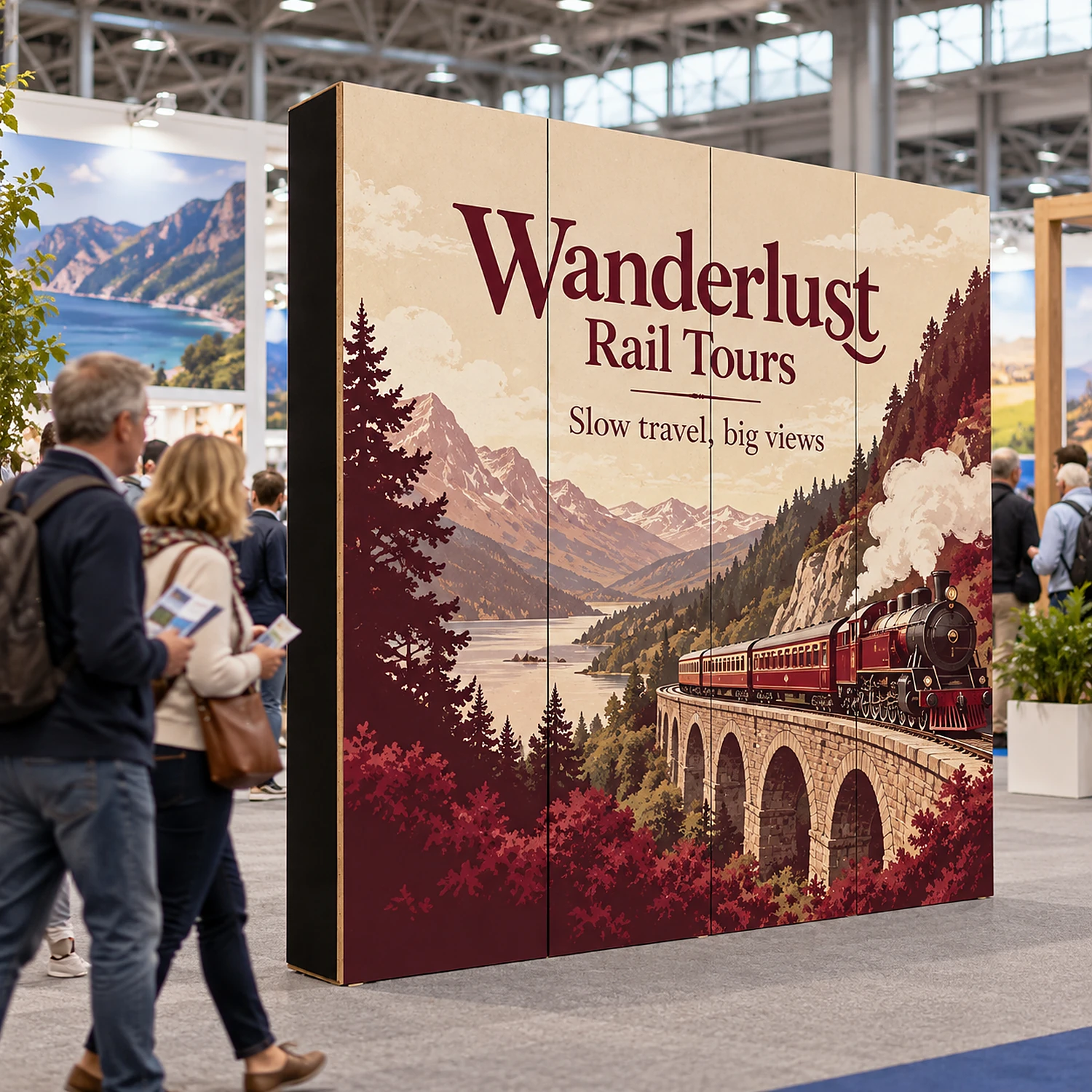 2.18m Cardboard Display Wall with an example design, in use at a travel and holiday show in a large exhibition hall