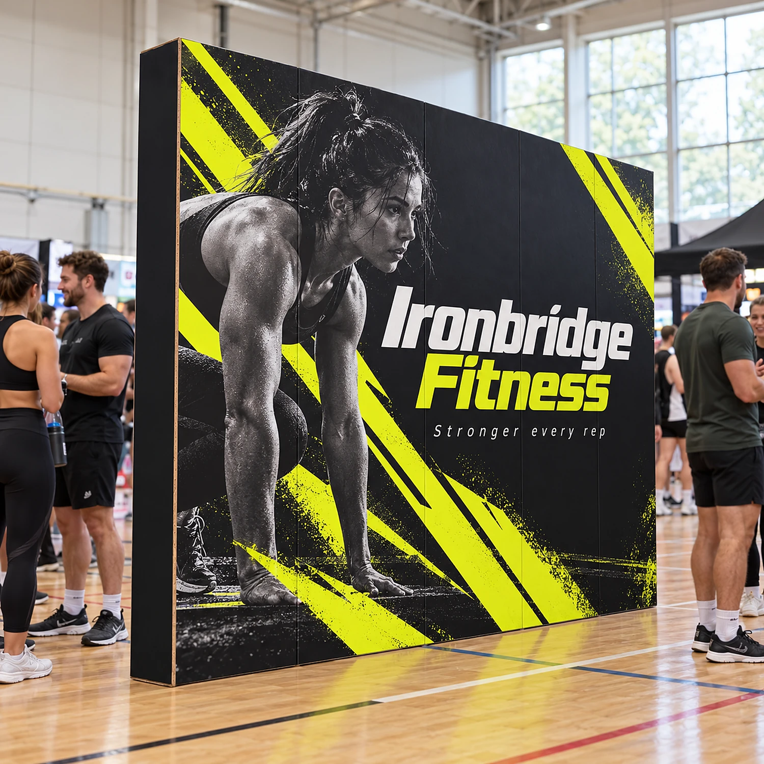 2.67m Cardboard Display Wall with an example design, in use at a sports and fitness expo in a sports hall with a sprung wooden floor