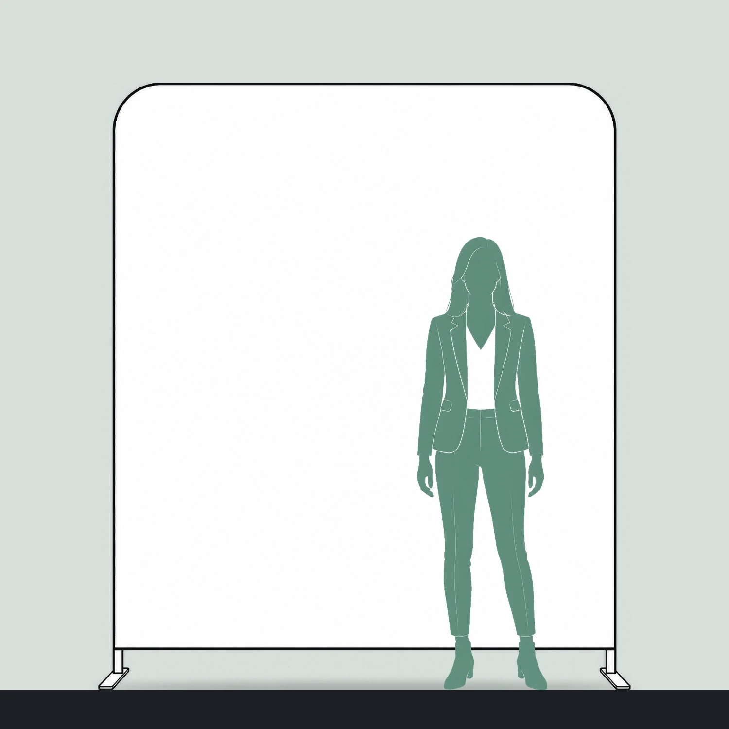 2m straight fabric display size guide, 2000mm wide x 2280mm high, shown next to a person for scale