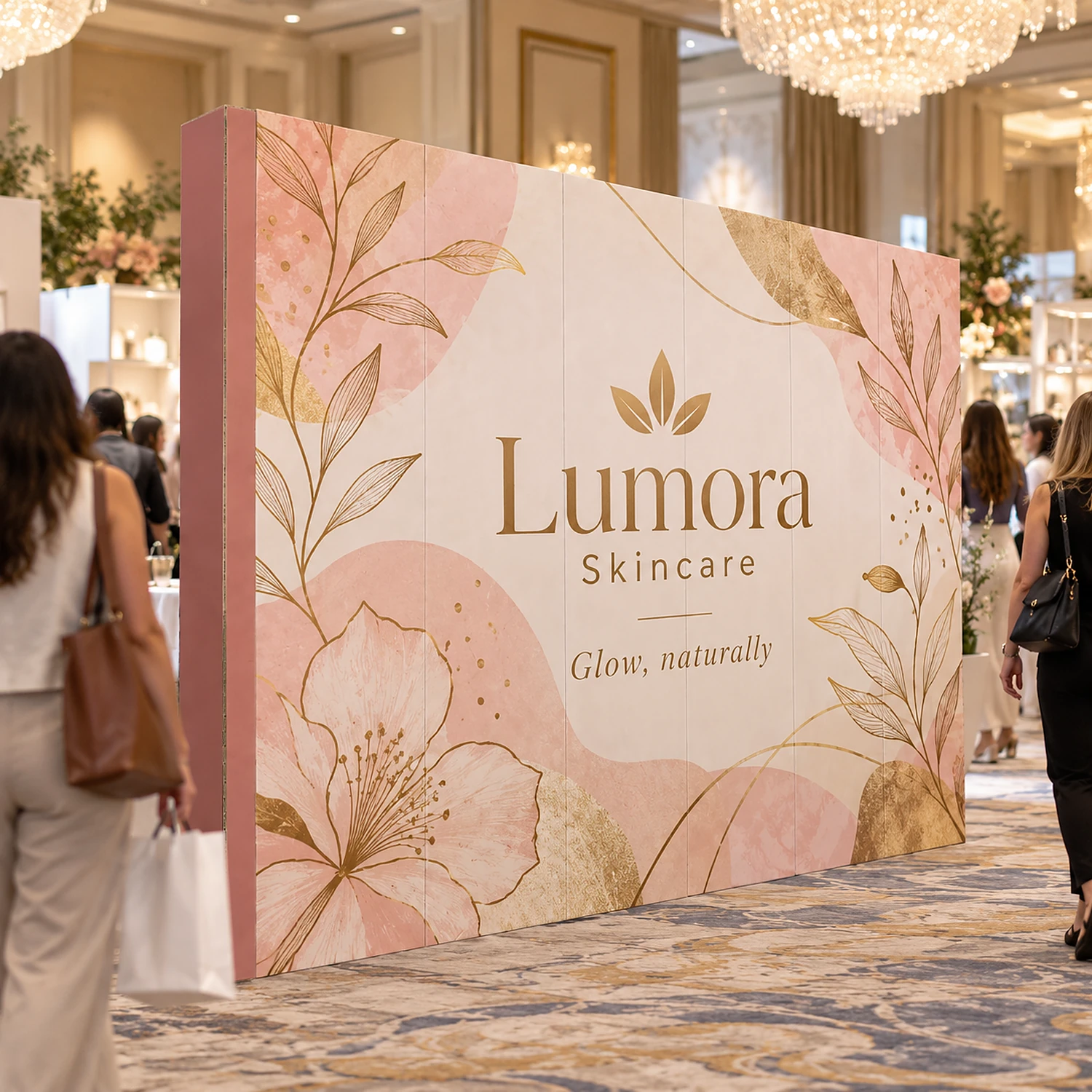 3.17m Cardboard Display Wall with an example design, in use at a beauty and wellness show in a hotel ballroom with chandeliers