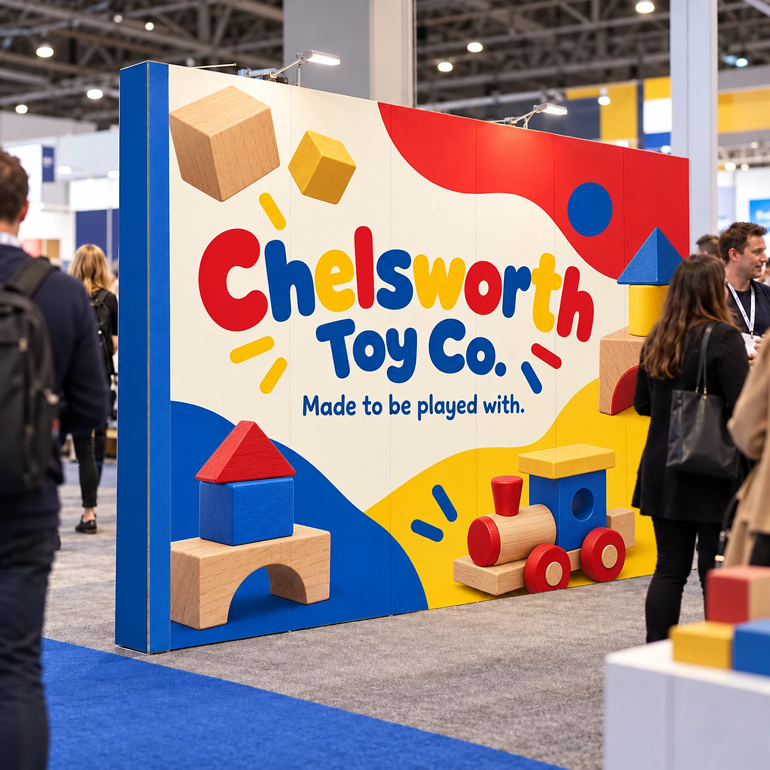 3.17m Cardboard Display Wall - Single-Sided, shown with example artwork
