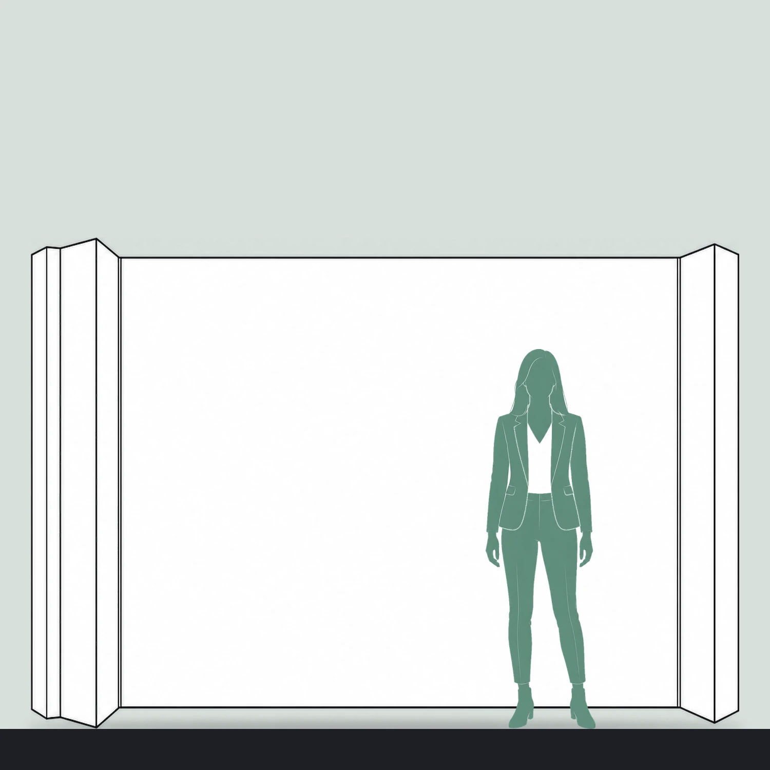 3.17m Cardboard Display Wall with Angled Ends - Double-Sided shown to scale next to a 1.7m tall person