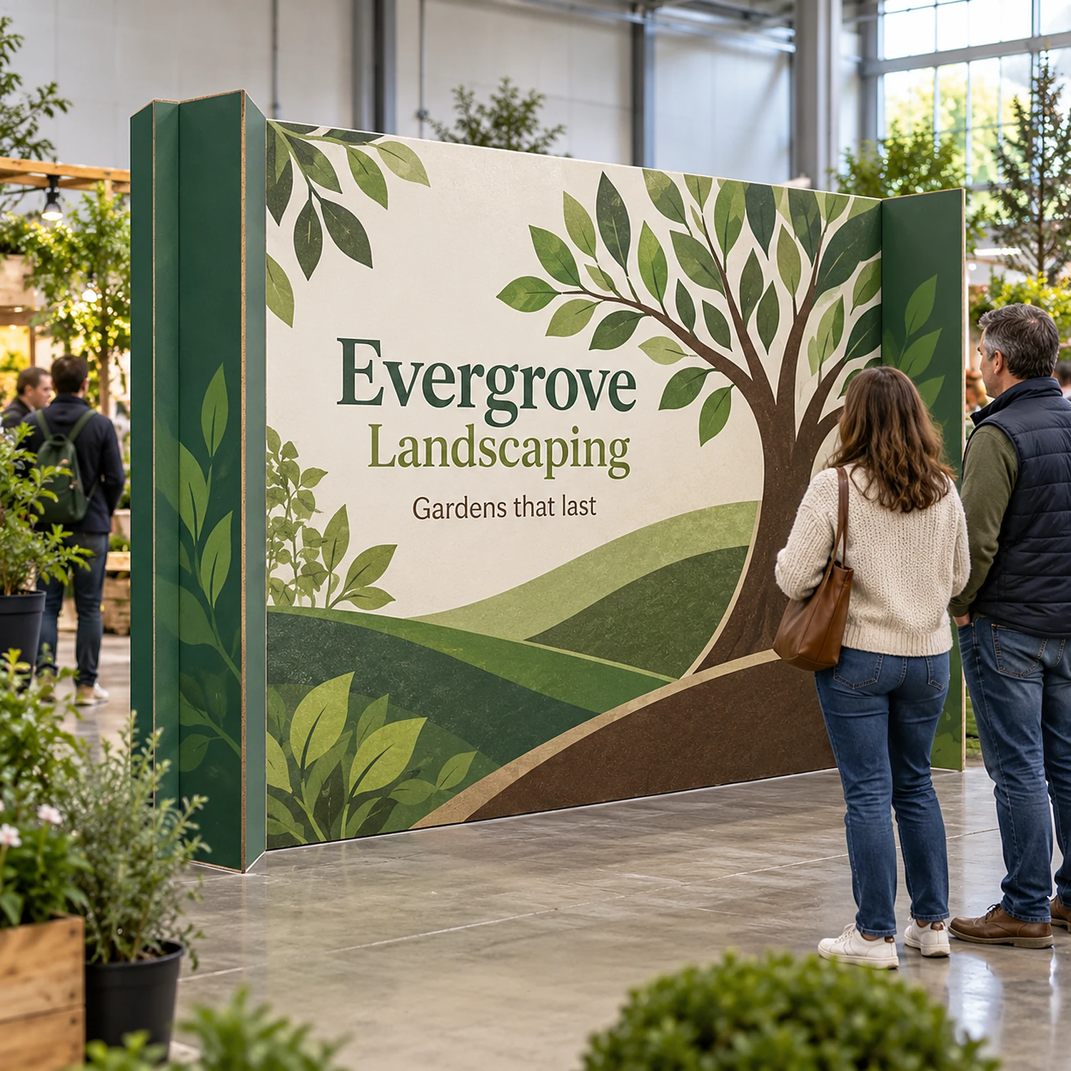 3.17m Cardboard Display Wall with Angled Ends with an example design, in use at an indoor garden and home show hall with potted plants nearby