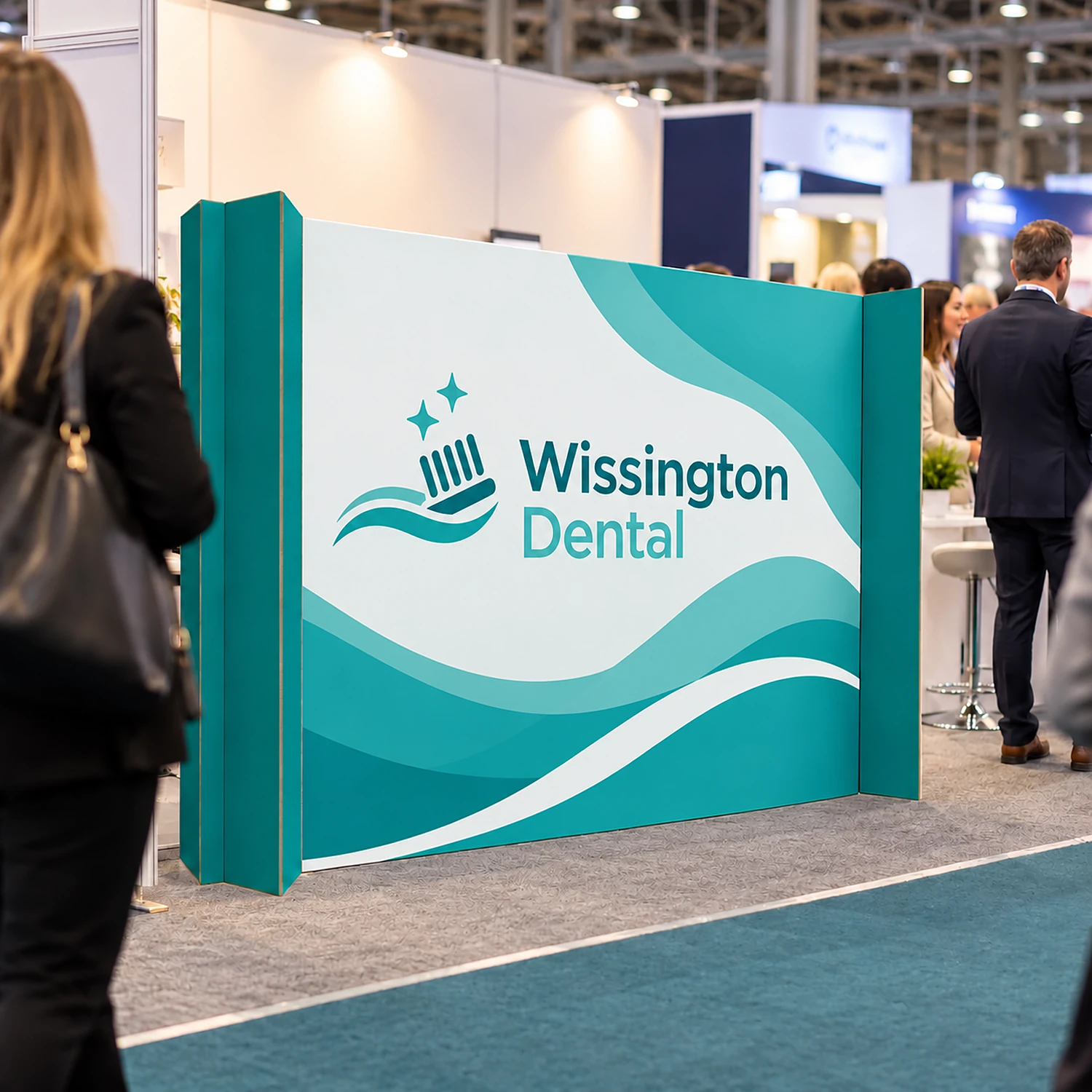 3.17m Cardboard Display Wall with Angled Ends - Single-Sided, shown with example artwork