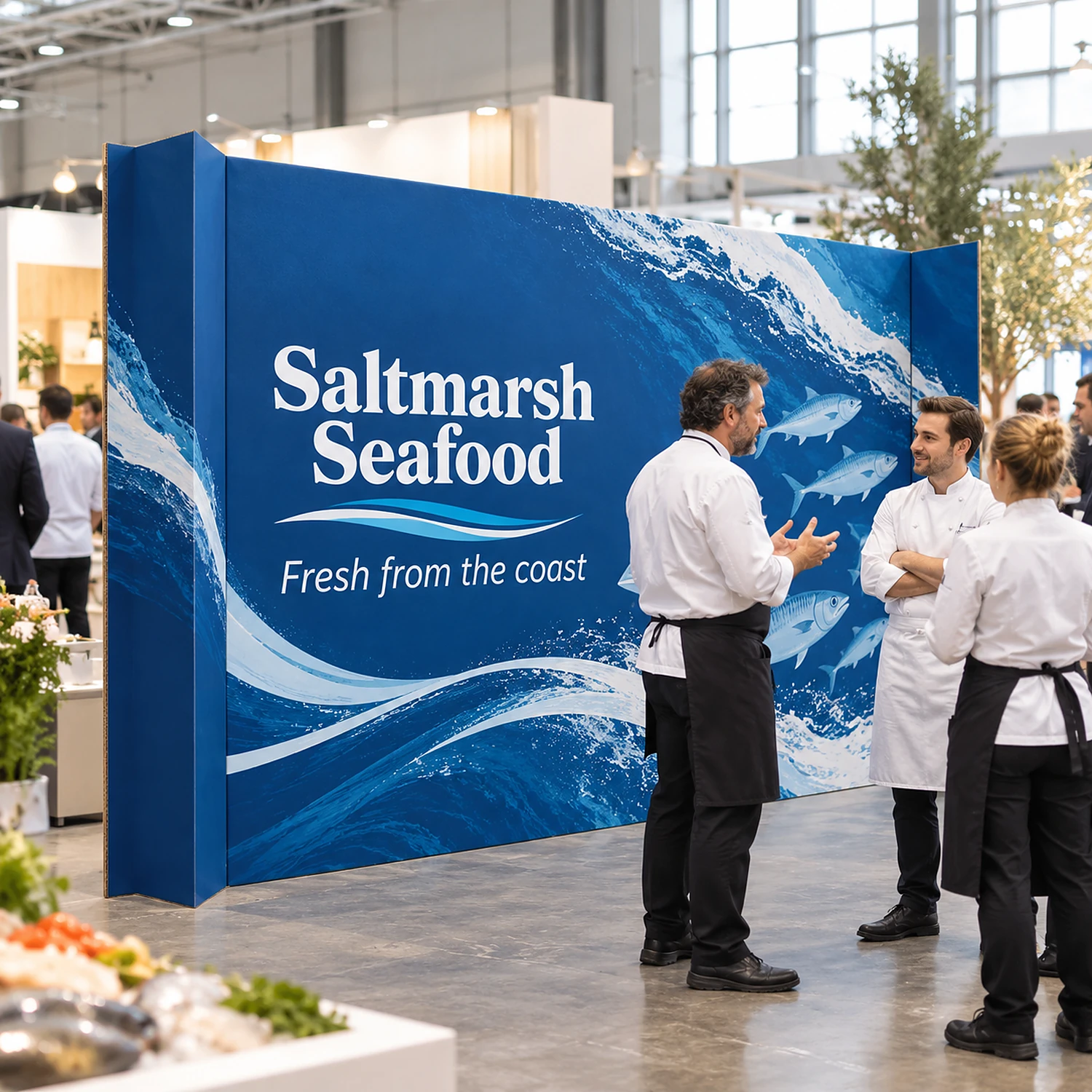 3.67m Cardboard Display Wall with Angled Ends with an example design, in use at a food and hospitality trade show in a bright hall