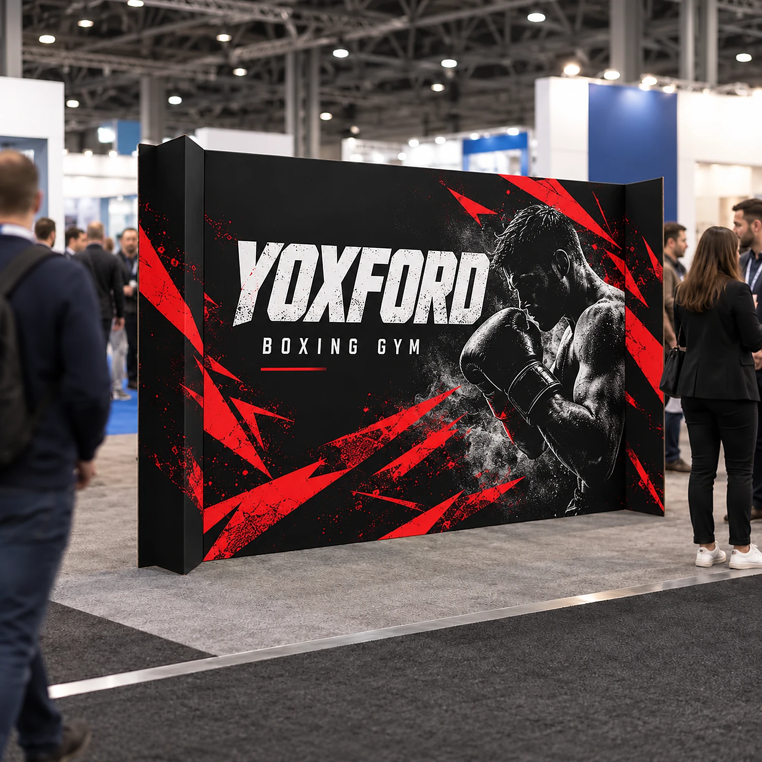 3.67m Cardboard Display Wall with Angled Ends - Single-Sided, shown with example artwork