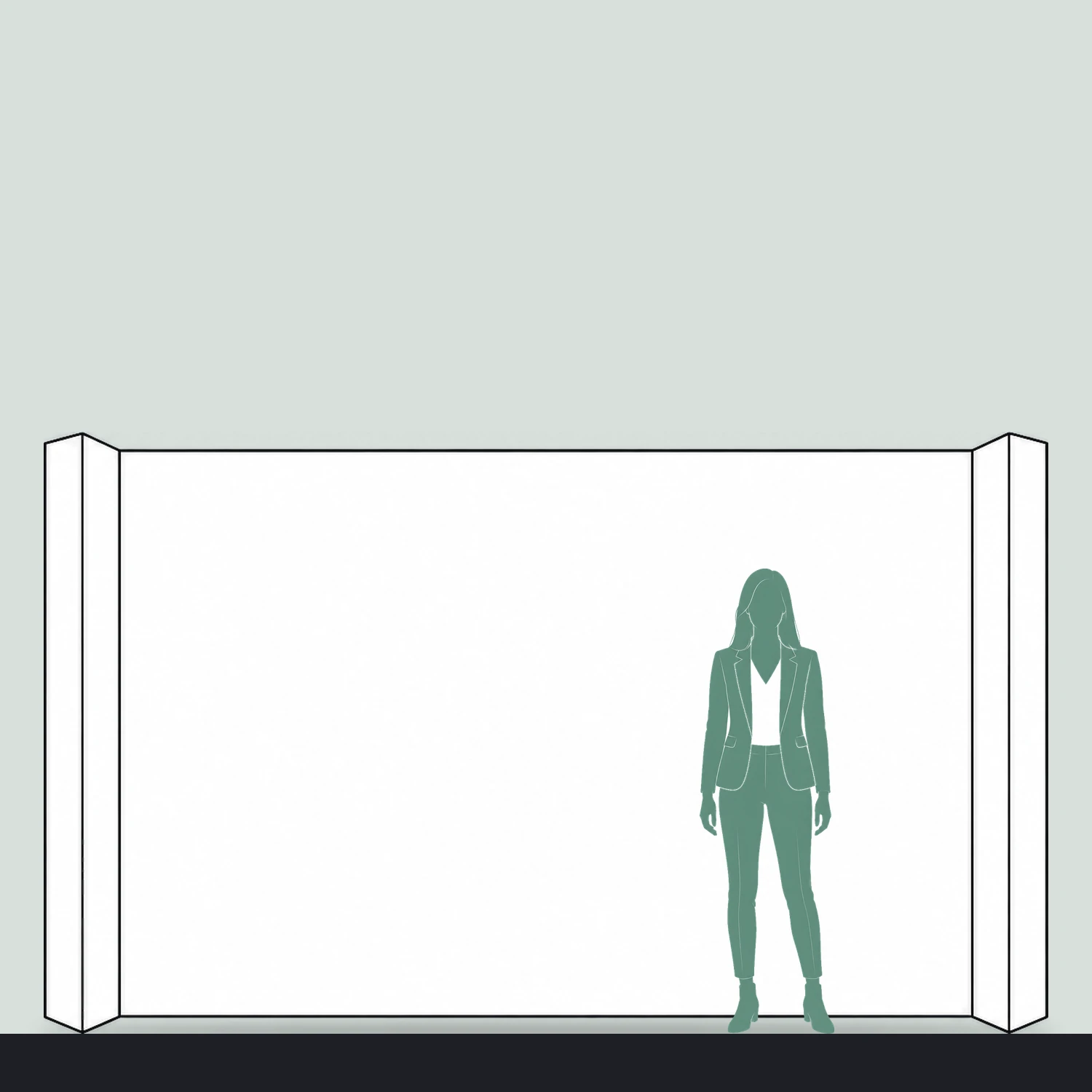 3.67m Cardboard Display Wall with Angled Ends - Single-Sided shown to scale next to a 1.7m tall person