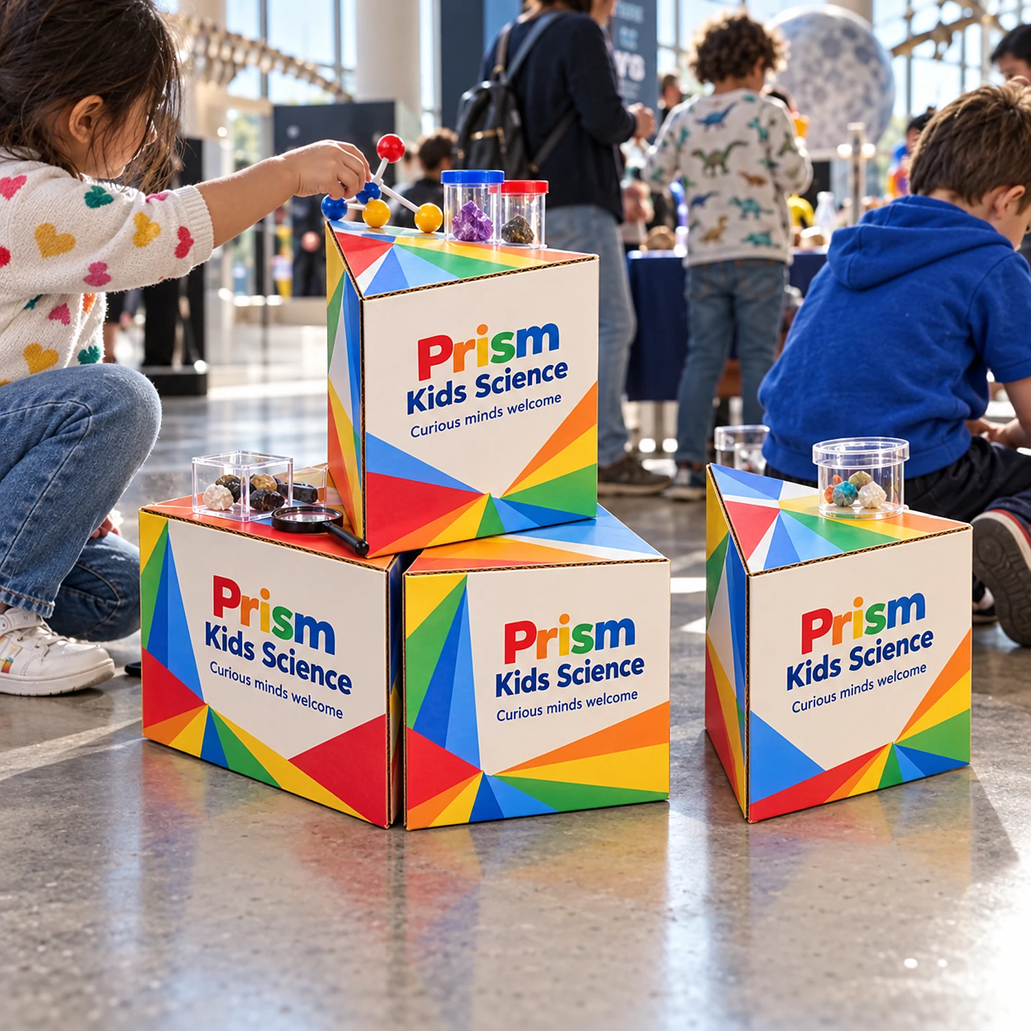 300mm Cardboard Stacking Triangles with an example design, in use at a science museum family event space with polished concrete floor