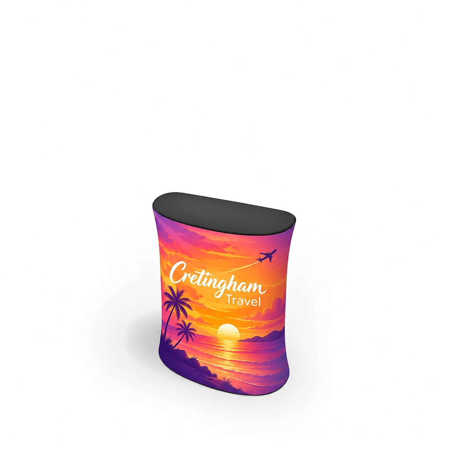34" WaveLine® Counter XS - Flat-Pack Display Counter - 860x700x330mm, shown with example artwork