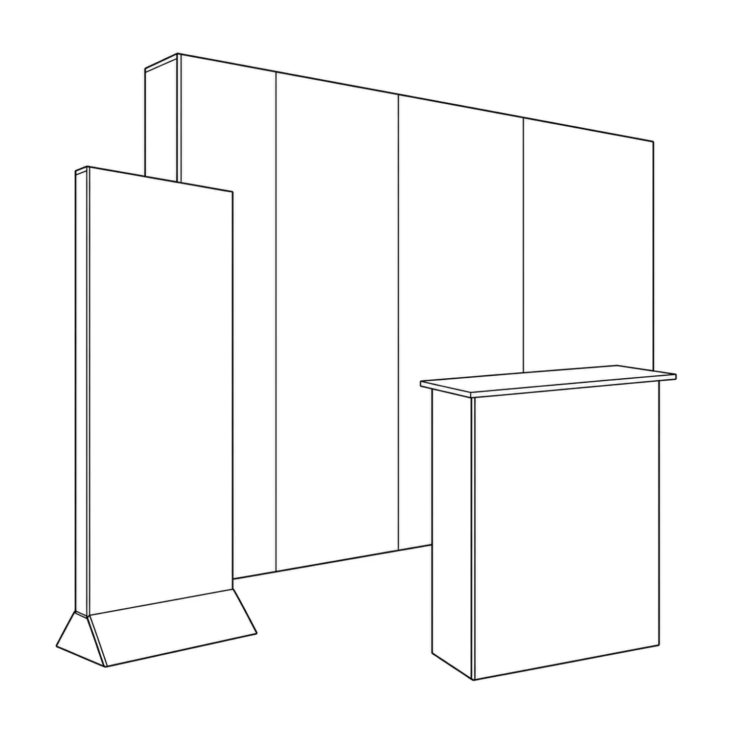 Line drawing of the 3m x 3m Cardboard Exhibition Stand Starter Kit - 2.67m Wall, Counter & Banner Stand showing its panels and construction