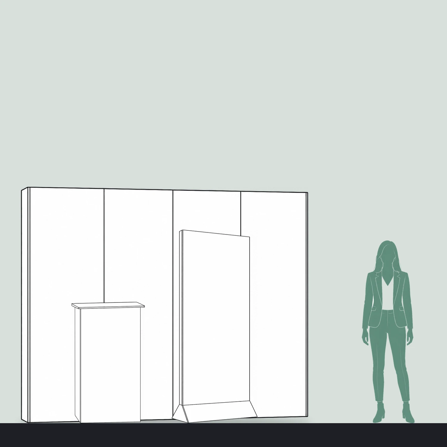 3m x 3m Cardboard Exhibition Stand Starter Kit - 2.67m Wall, Counter & Banner Stand shown to scale next to a 1.7m tall person