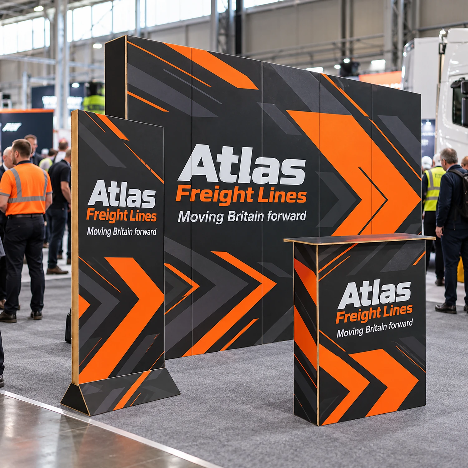 3m x 3m Cardboard Exhibition Stand Starter Kit with an example design, in use at a transport and logistics trade show in a large hall with high ceilings