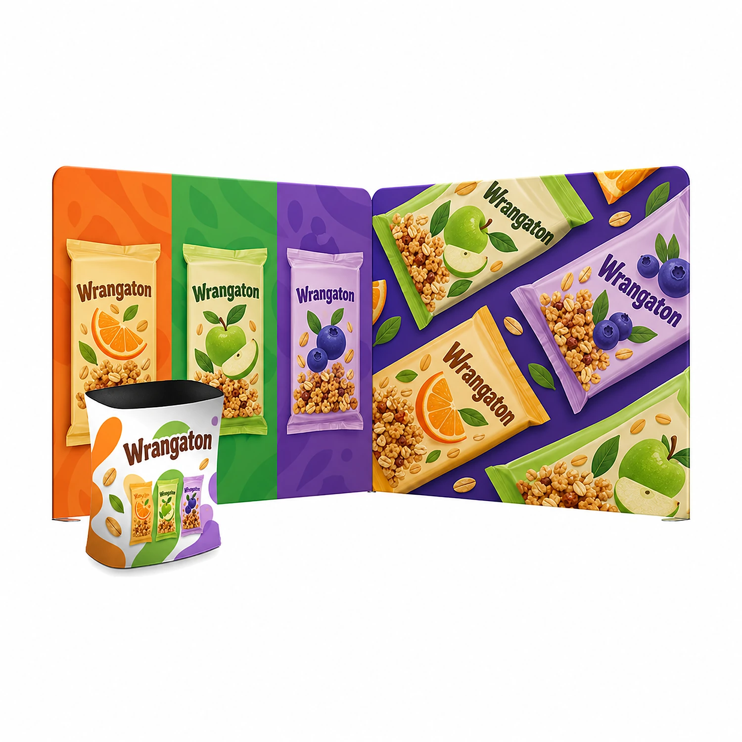 3m x 3m L-Shaped Exhibition Stand with Square Counter, shown with example artwork