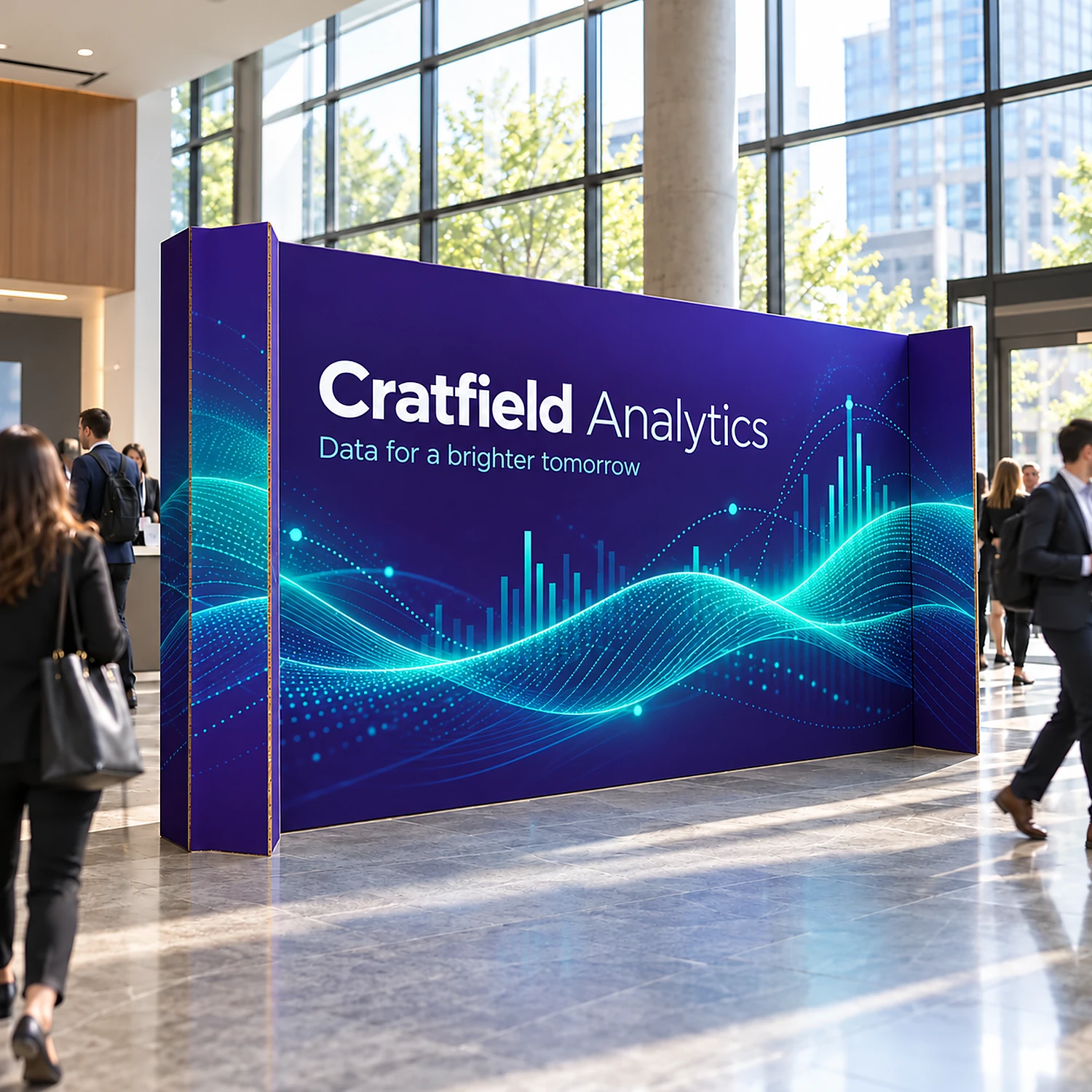 4.17m Cardboard Display Wall with Angled Ends - Single-Sided, shown with example artwork