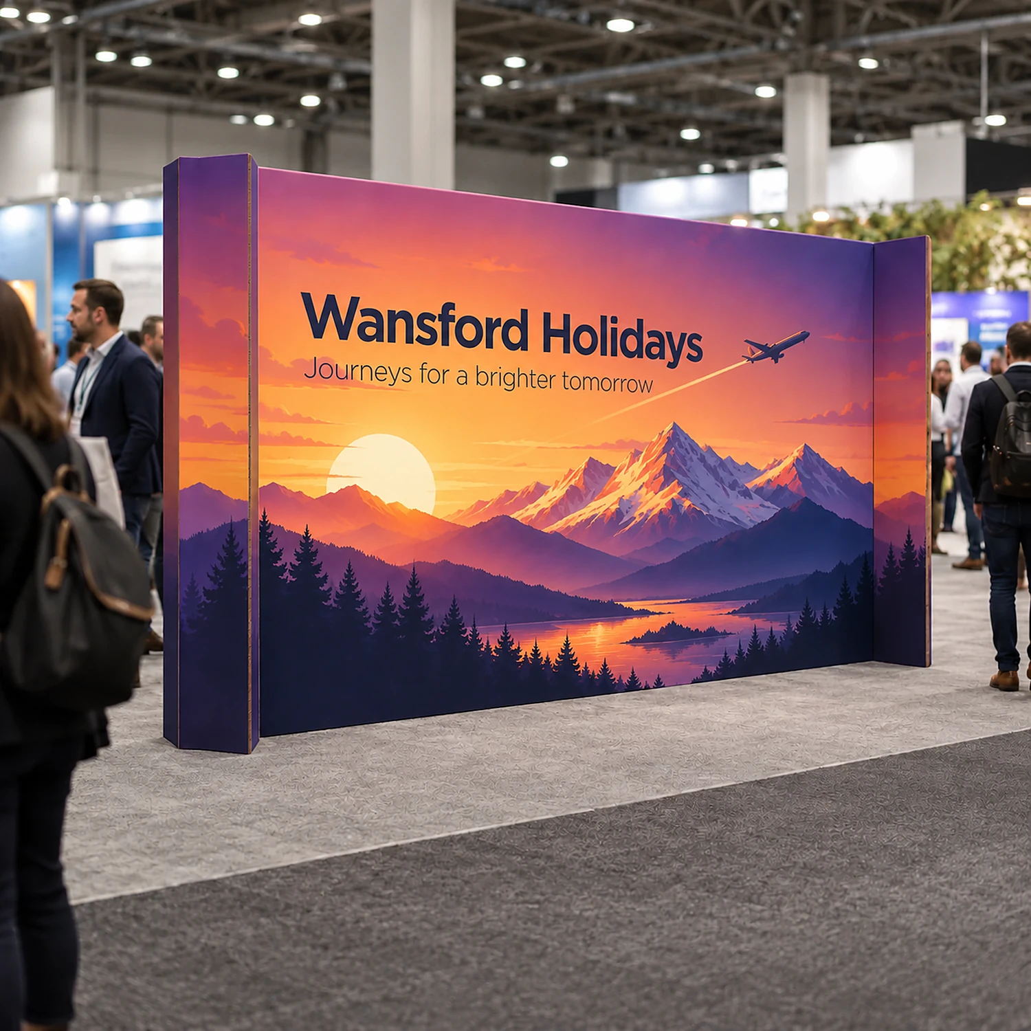 4.17m Cardboard Display Wall with Angled Ends - Single-Sided, shown with example artwork