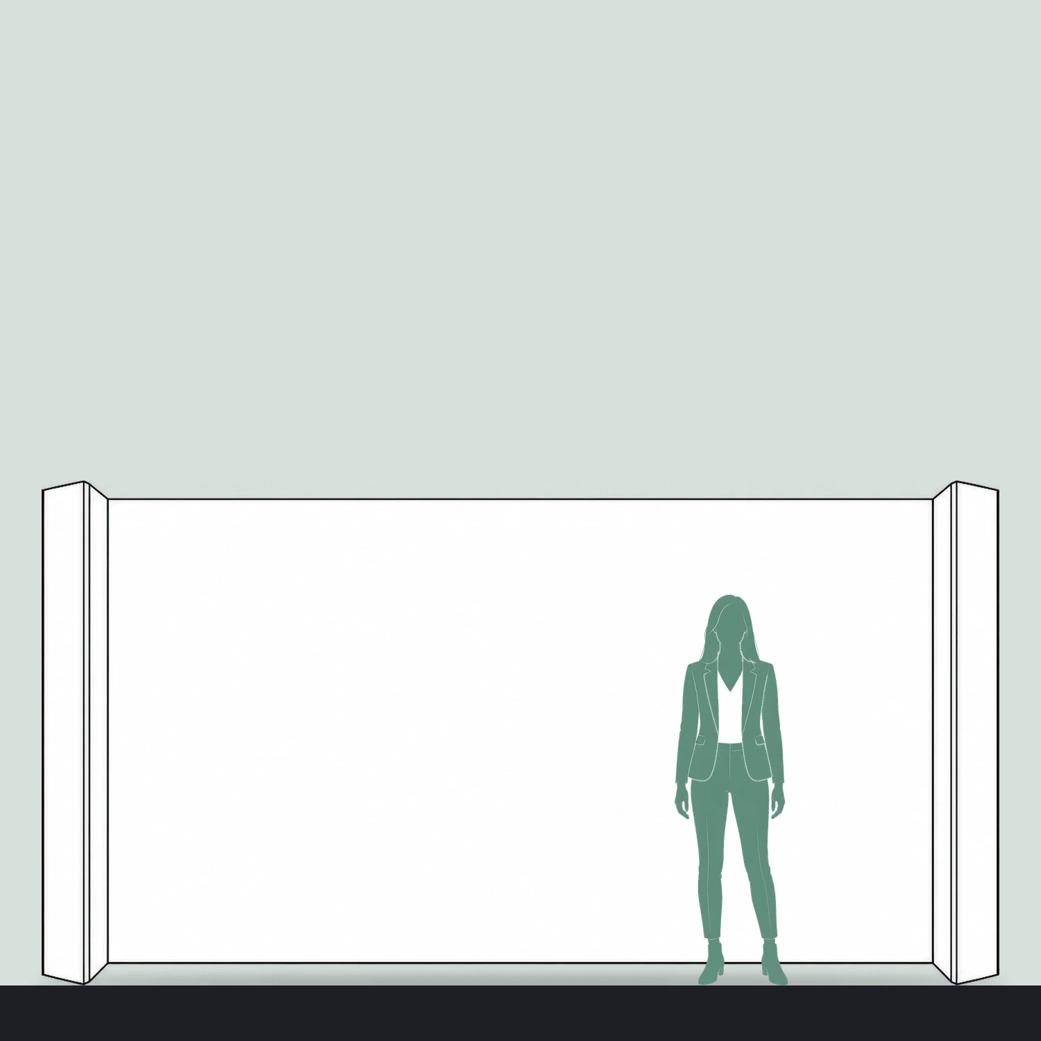4.17m Cardboard Display Wall with Angled Ends - Single-Sided shown to scale next to a 1.7m tall person