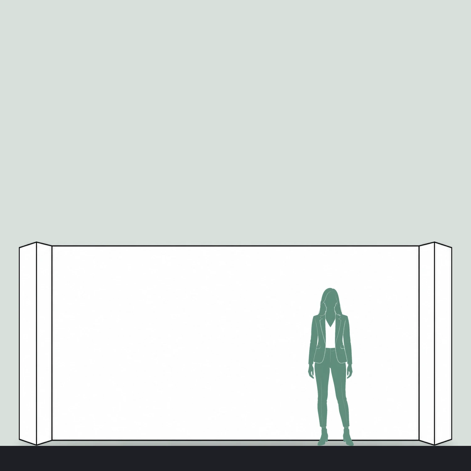 4.67m Cardboard Display Wall with Angled Ends - Double-Sided shown to scale next to a 1.7m tall person