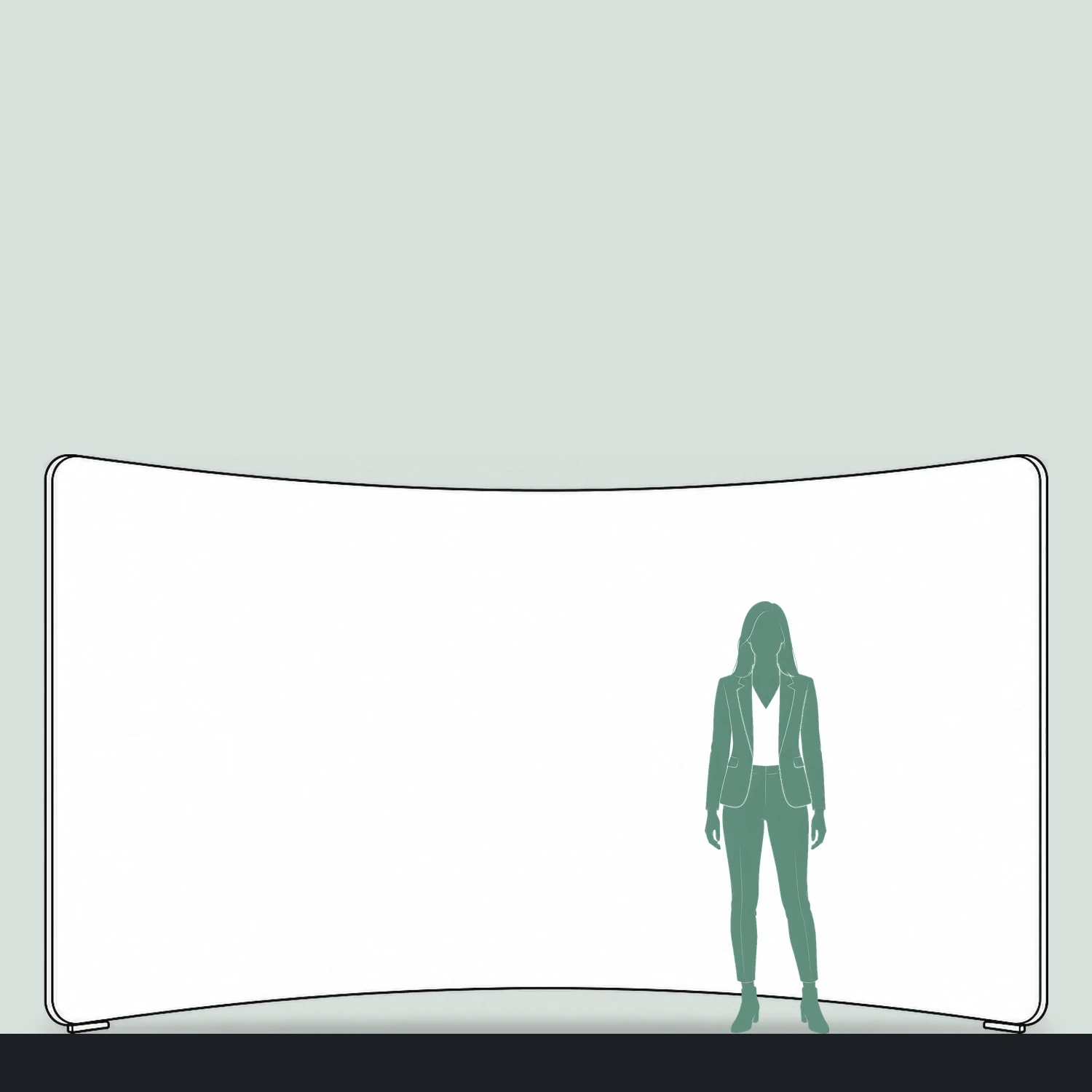 4m curved fabric display size guide, 3950mm wide x 2280mm high, shown next to a person for scale