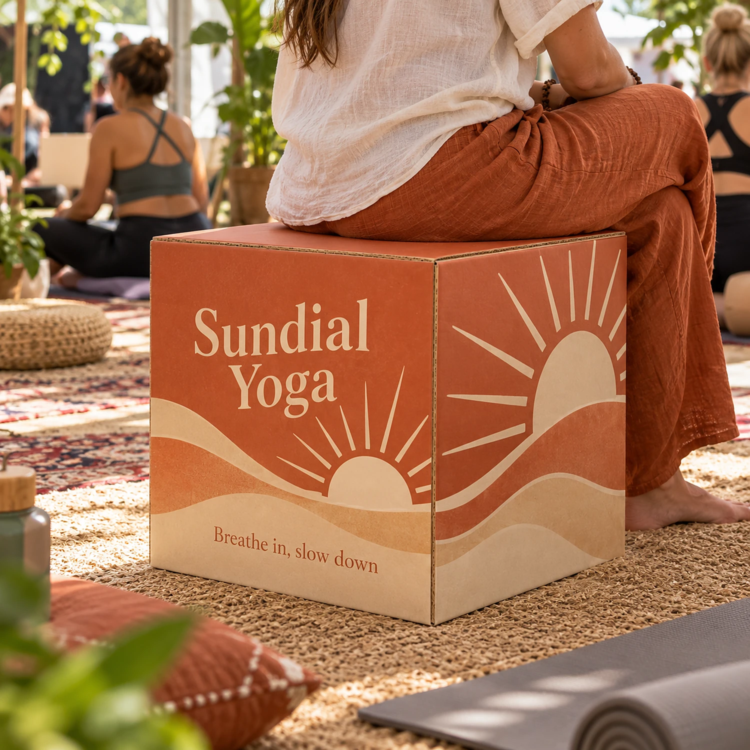 500mm Cardboard Seating Cube with an example design, in use at a wellbeing festival chill-out zone indoors with rugs and plants