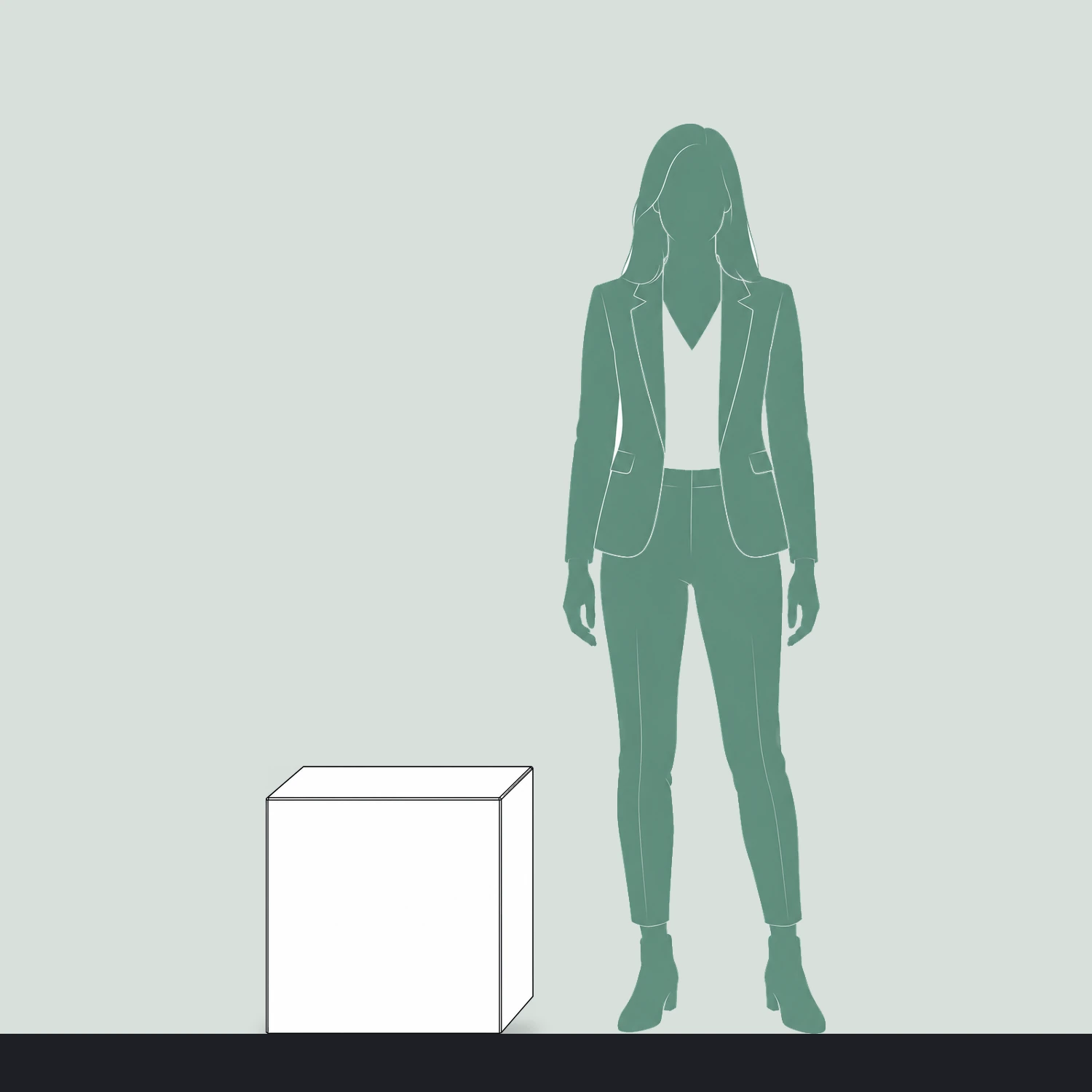 500mm Cardboard Seating Cube shown to scale next to a 1.7m tall person