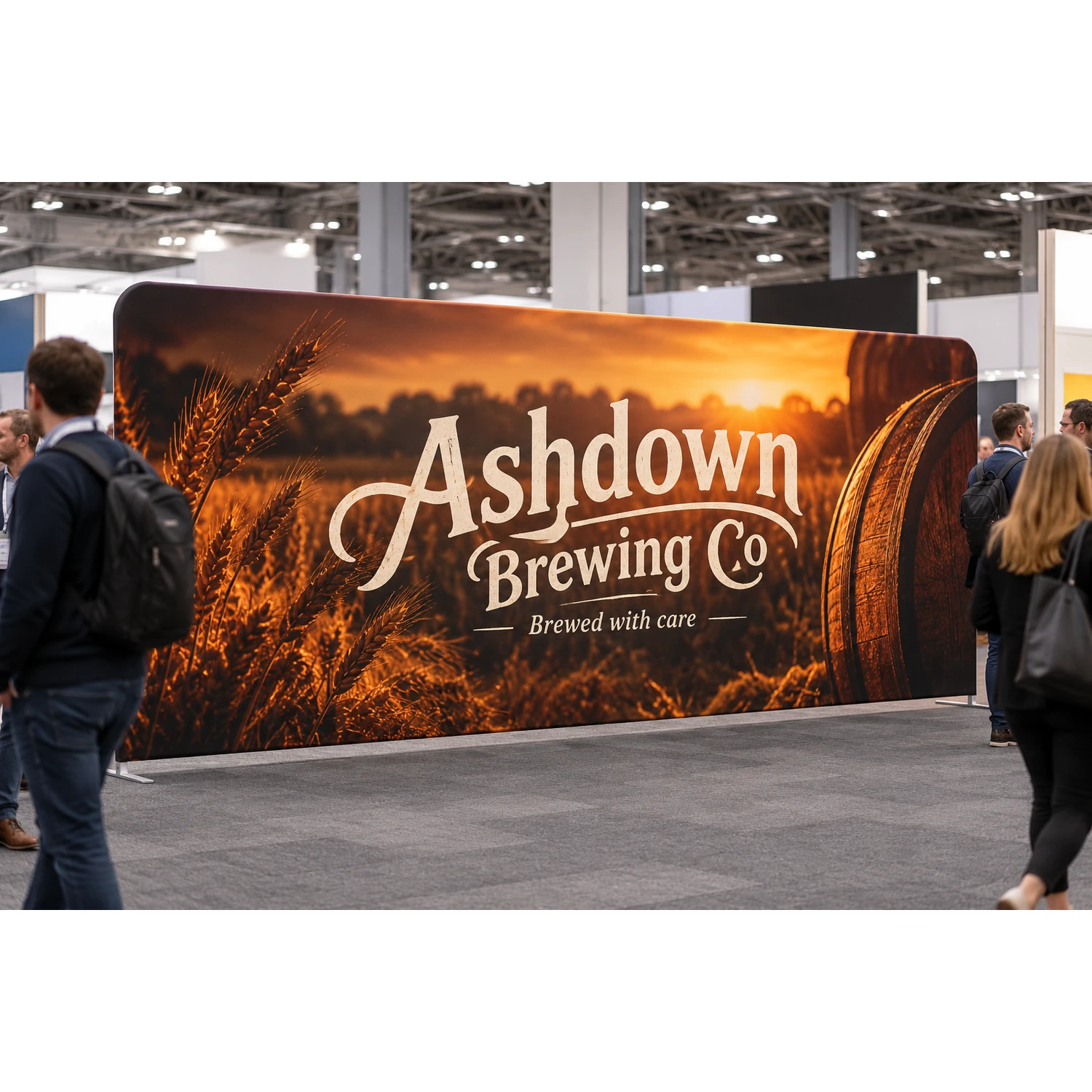 5m straight fabric display in use at a busy trade show