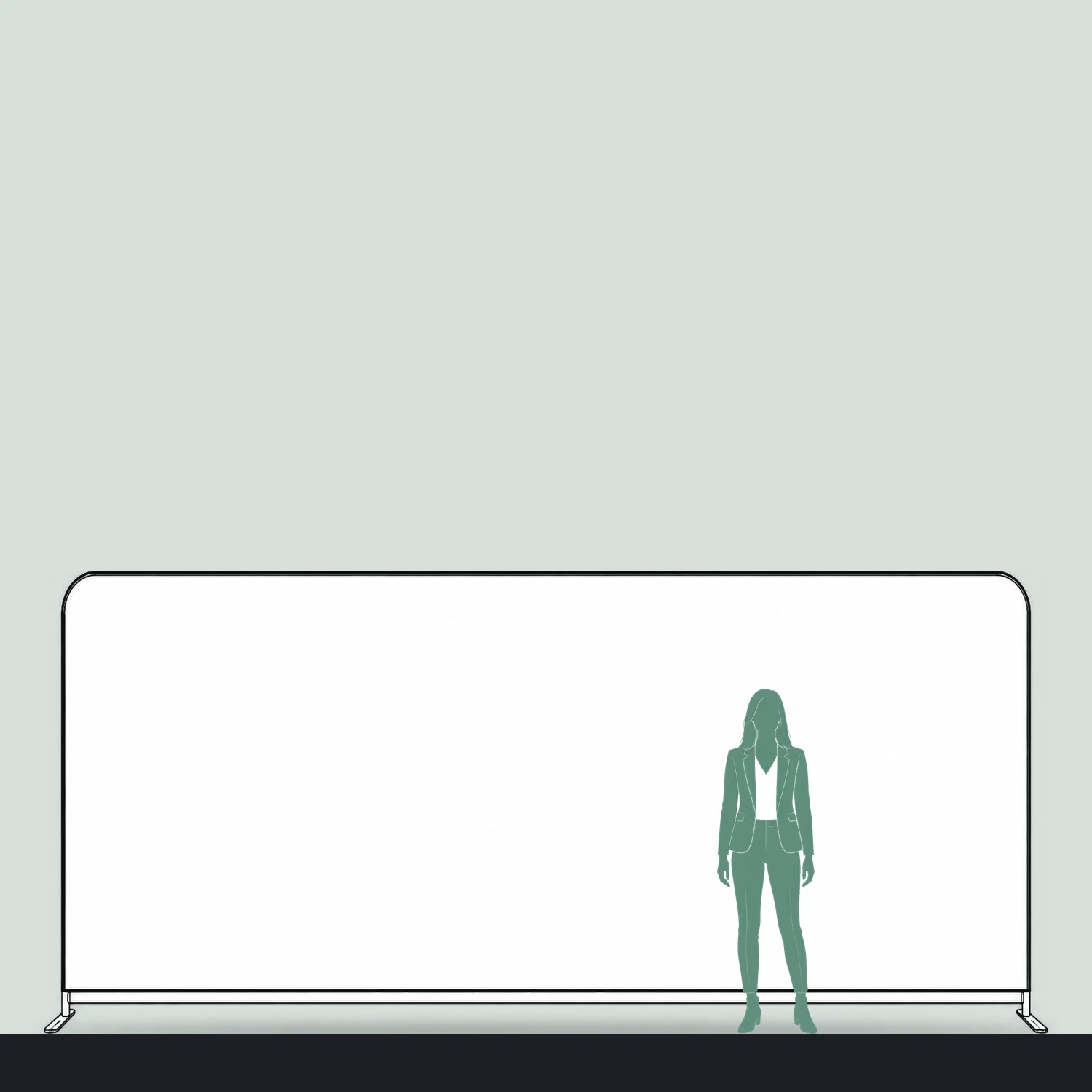 5m straight fabric display size guide, 4950mm wide x 2280mm high, shown next to a person for scale