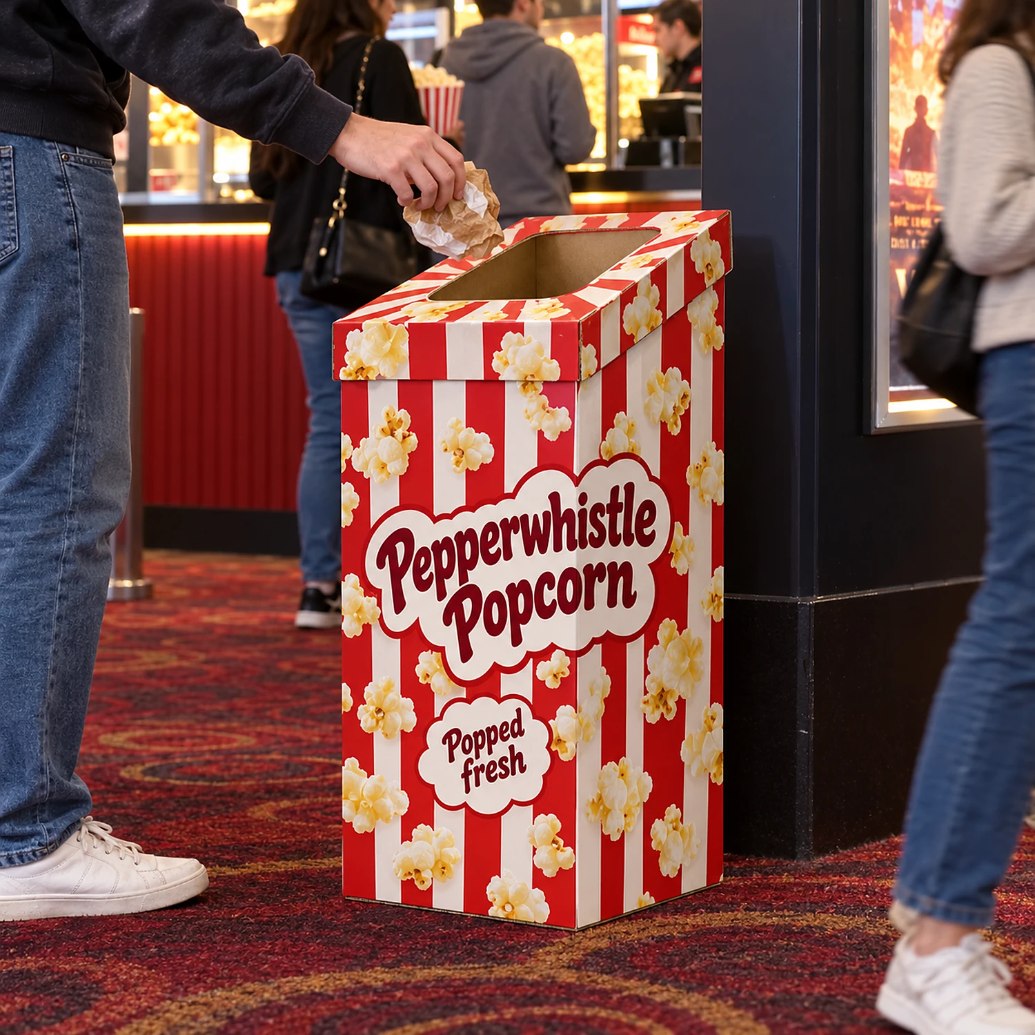 600mm Cardboard Angled Bin with Lid with an example design, in use at a cinema foyer with carpet and a concessions counter in the background