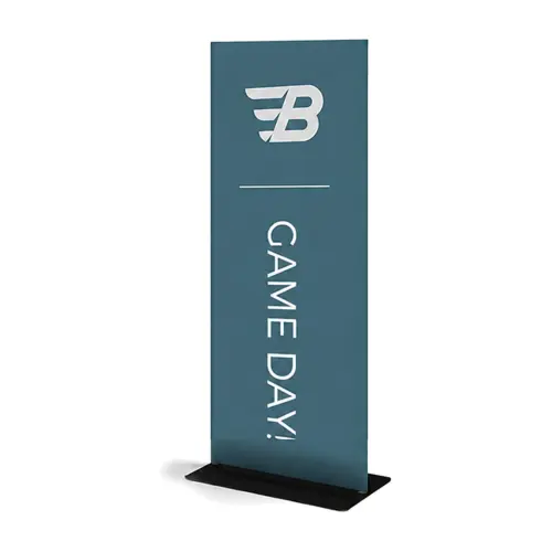 600mm x 1524mm square-corner tension banner stand, shown with an example design