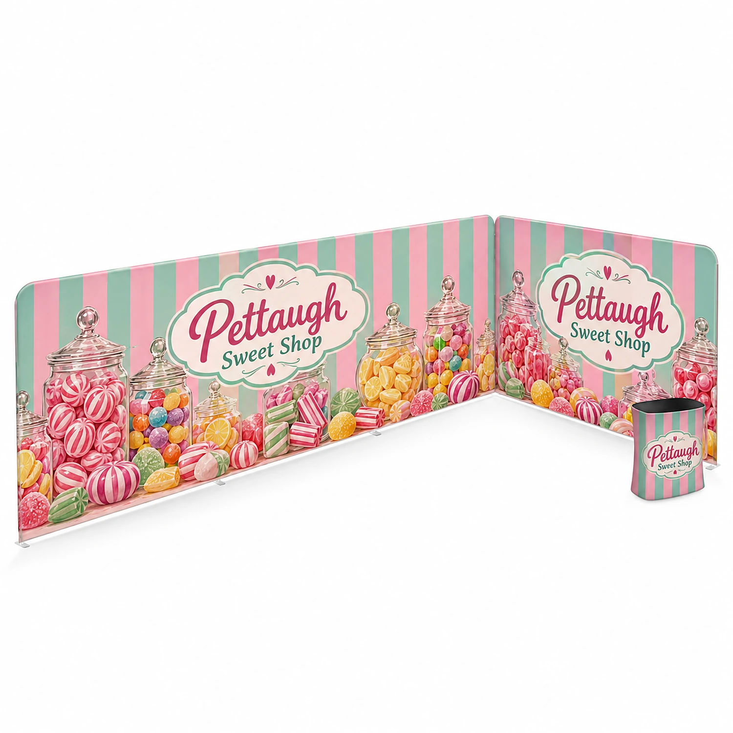 6m x 3m Soft Touch Exhibition Stand - L-Shaped with Square Counter, shown with example artwork