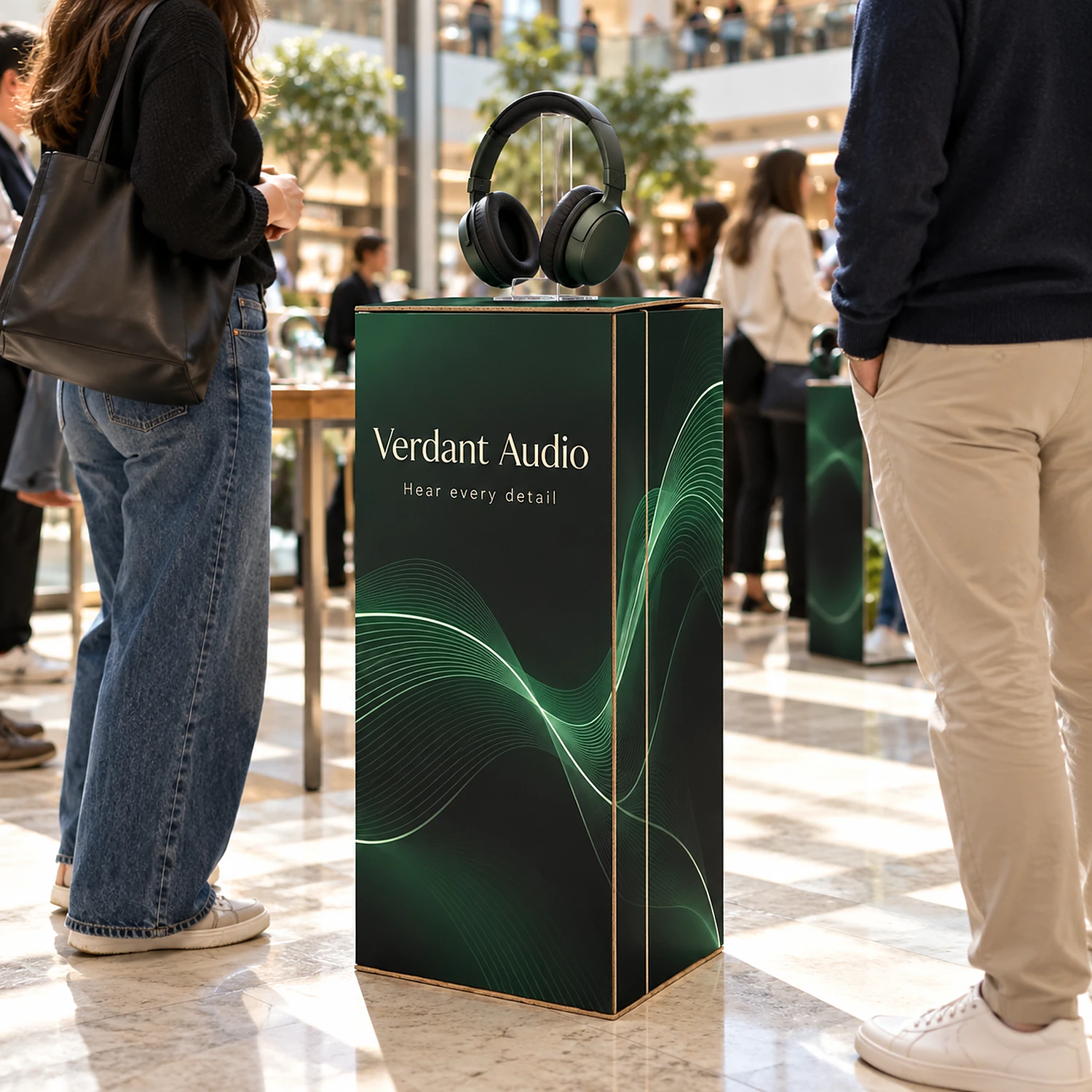 800mm Cardboard Display Plinth with an example design, in use at a consumer tech launch event in a department store atrium