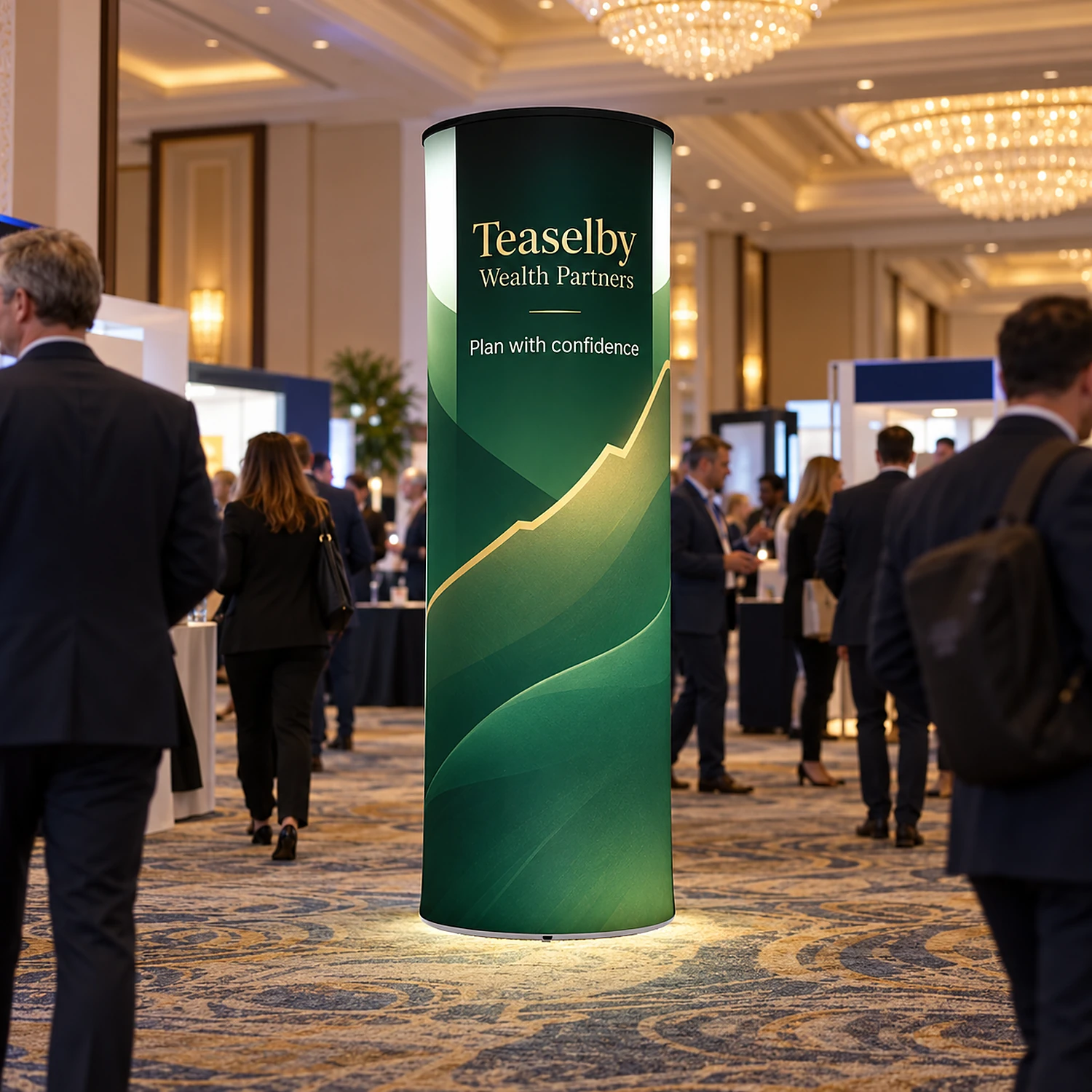 Air Inflatable Circular Tower at a conference exhibition in a hotel ballroom, shown with an example design
