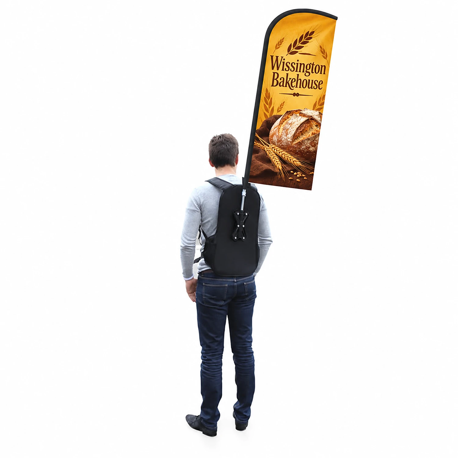 Backpack Flag and Kit - Feather - Single-Sided - 1238 x 425mm, shown with example artwork
