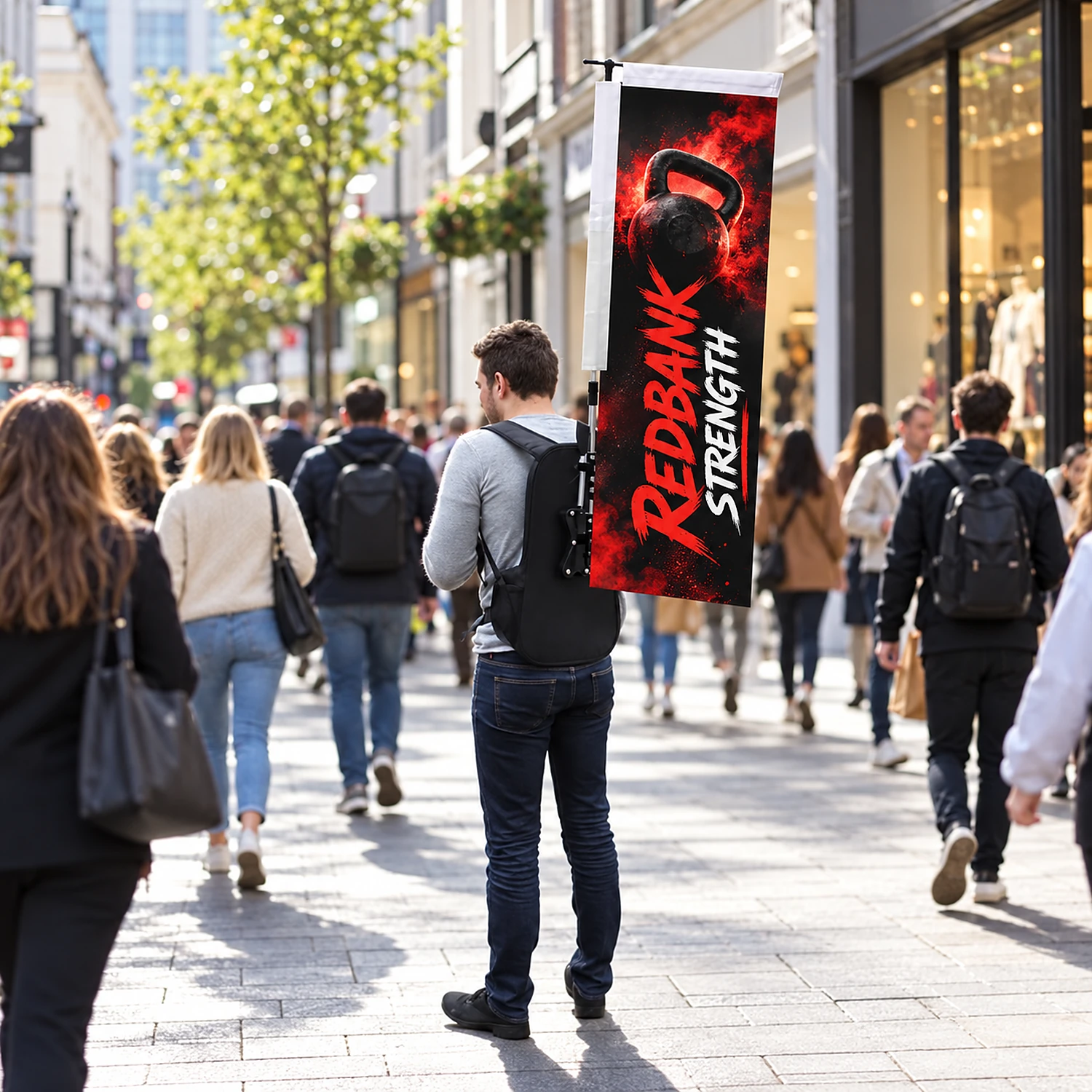 Backpack flag worn at a high street promotion