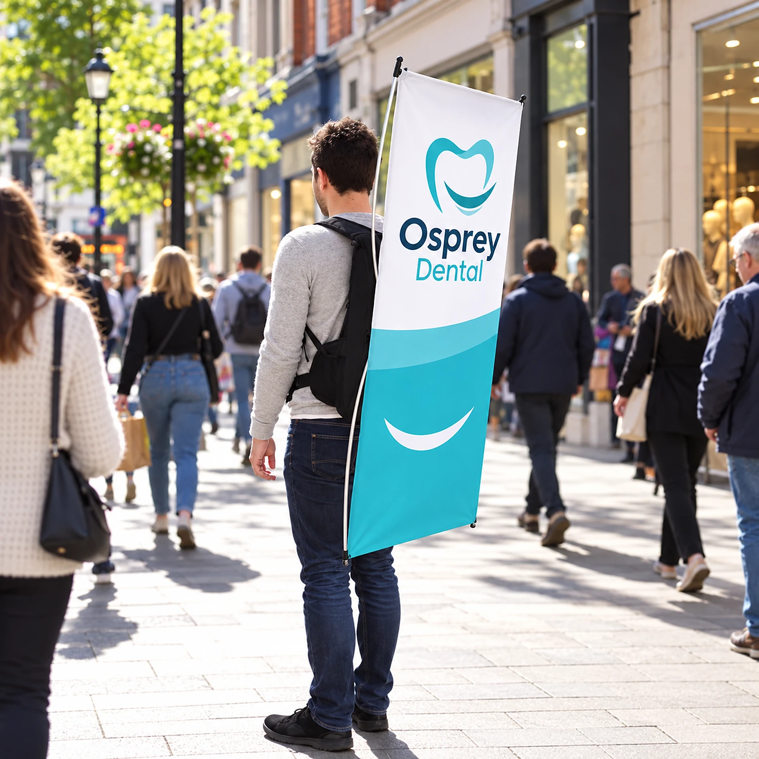 Backpack flag worn at a high street promotion