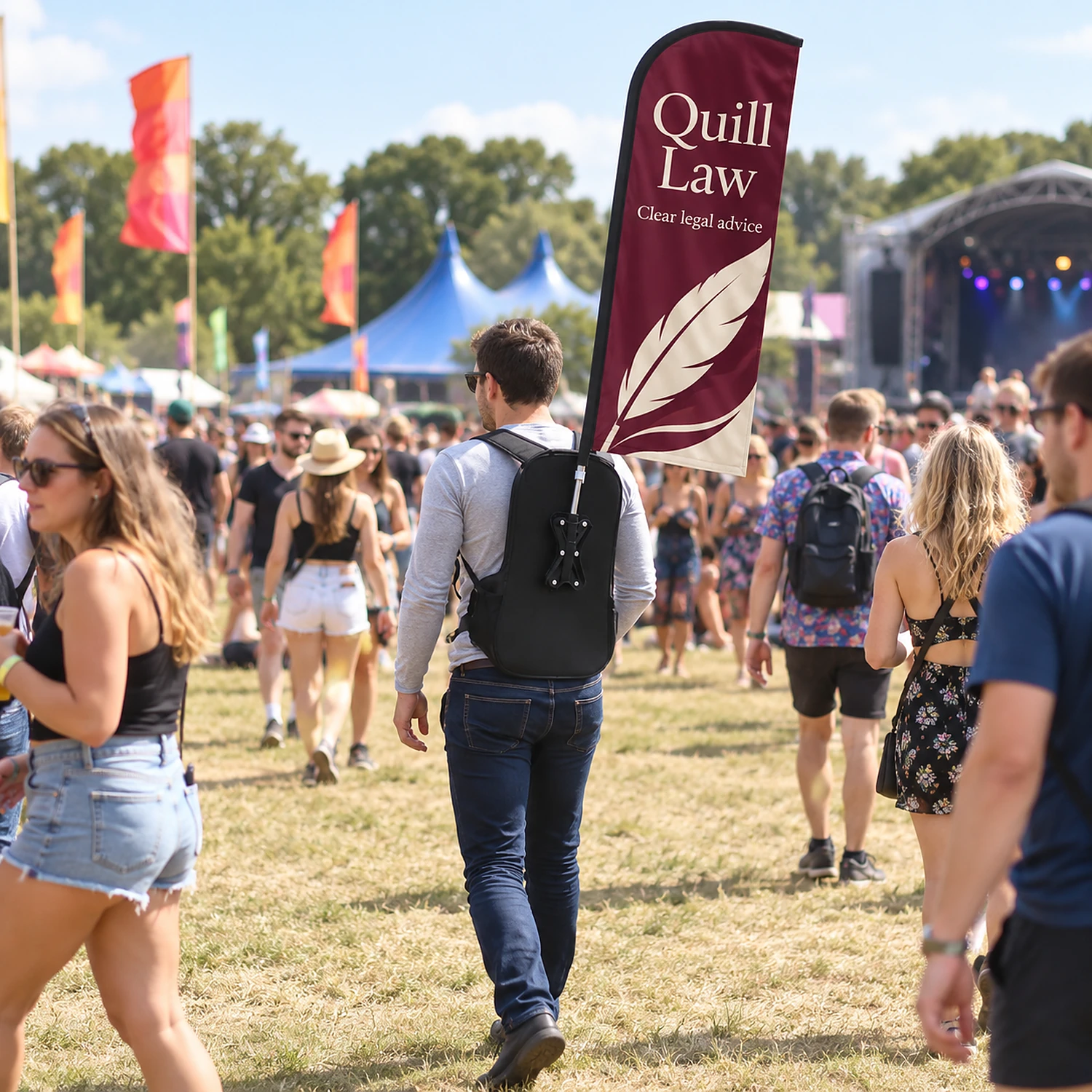 Backpack flag worn at a summer festival